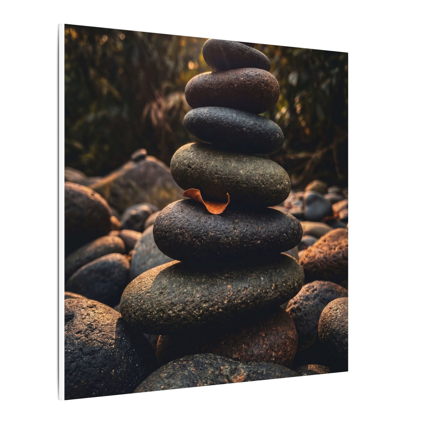 Dark Japandi River Stones in Golden Hour | Moody Minimal Canvas Art
