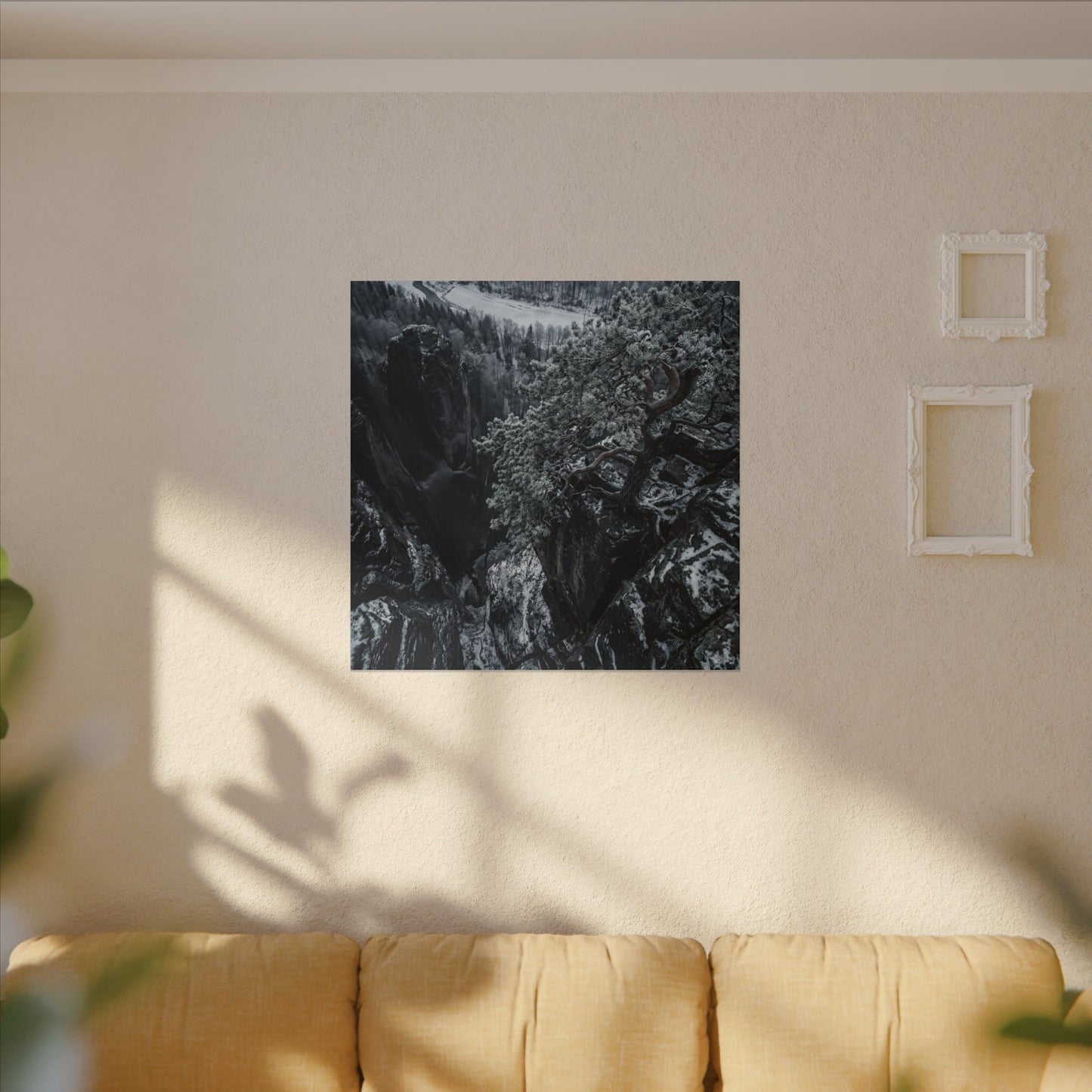 Dark Japandi Pine Tree in Dappled | Dark Texture Canvas Art