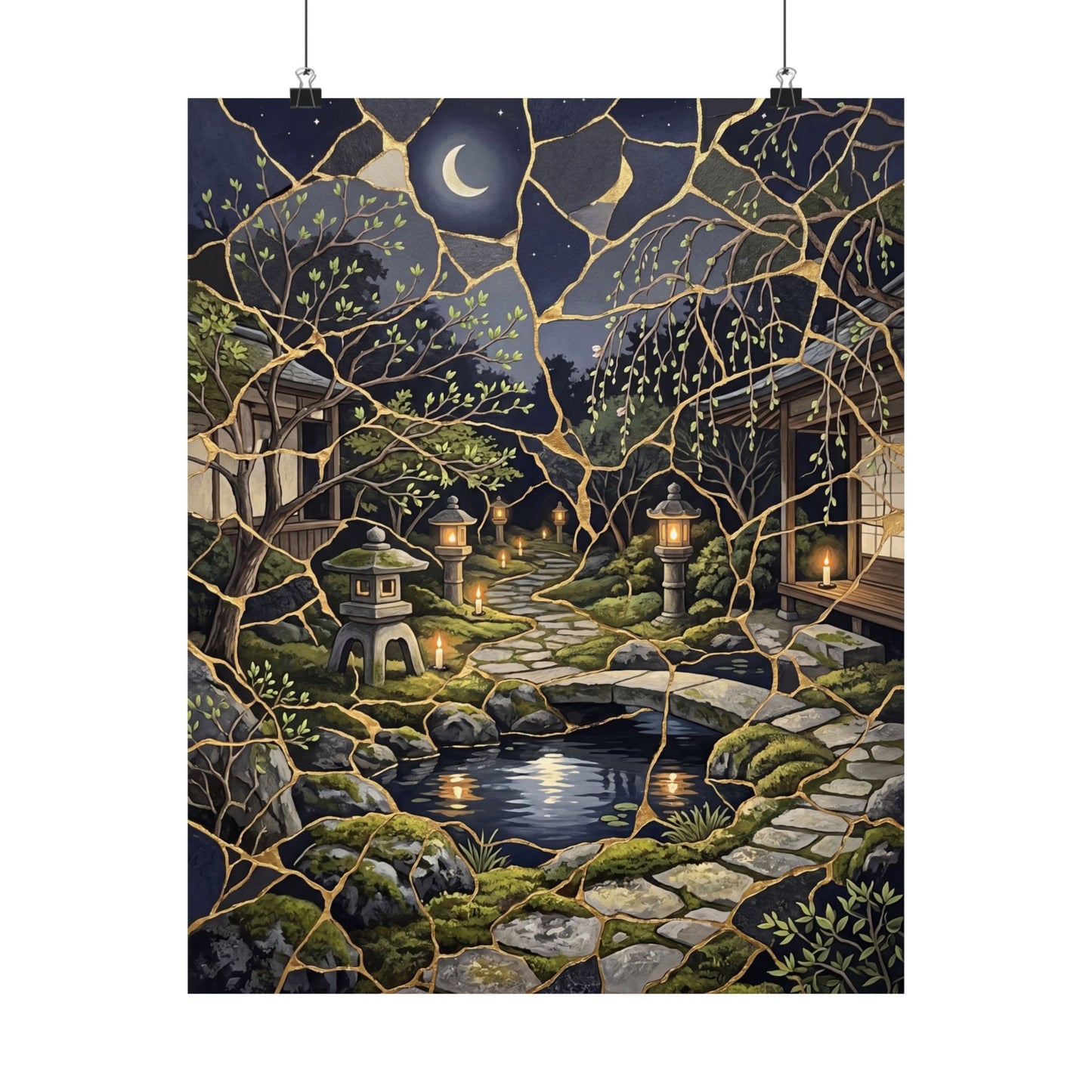 Spring Moonlit Garden Gold Vein Wall Art Print | Artful Decor