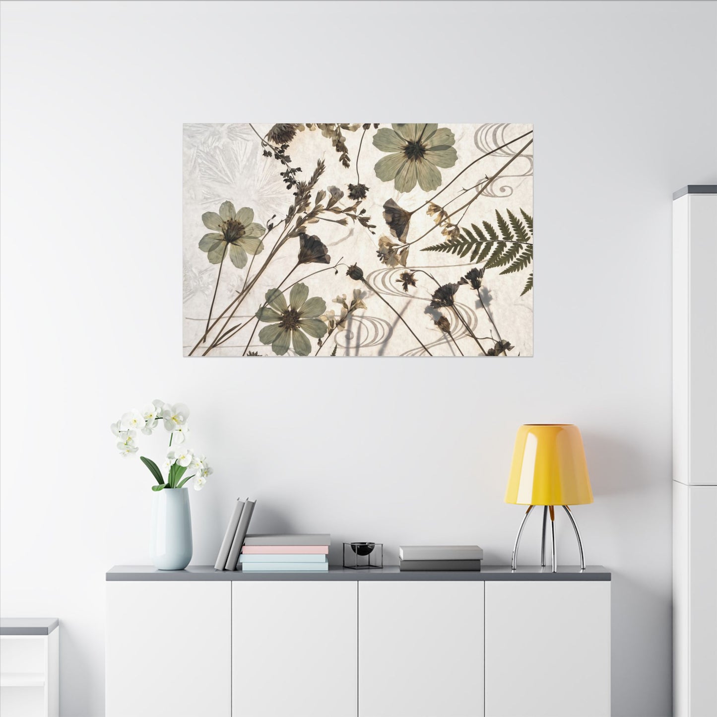 Japandi Dried Flowers in Golden Hour | Japanese Pattern Canvas Art
