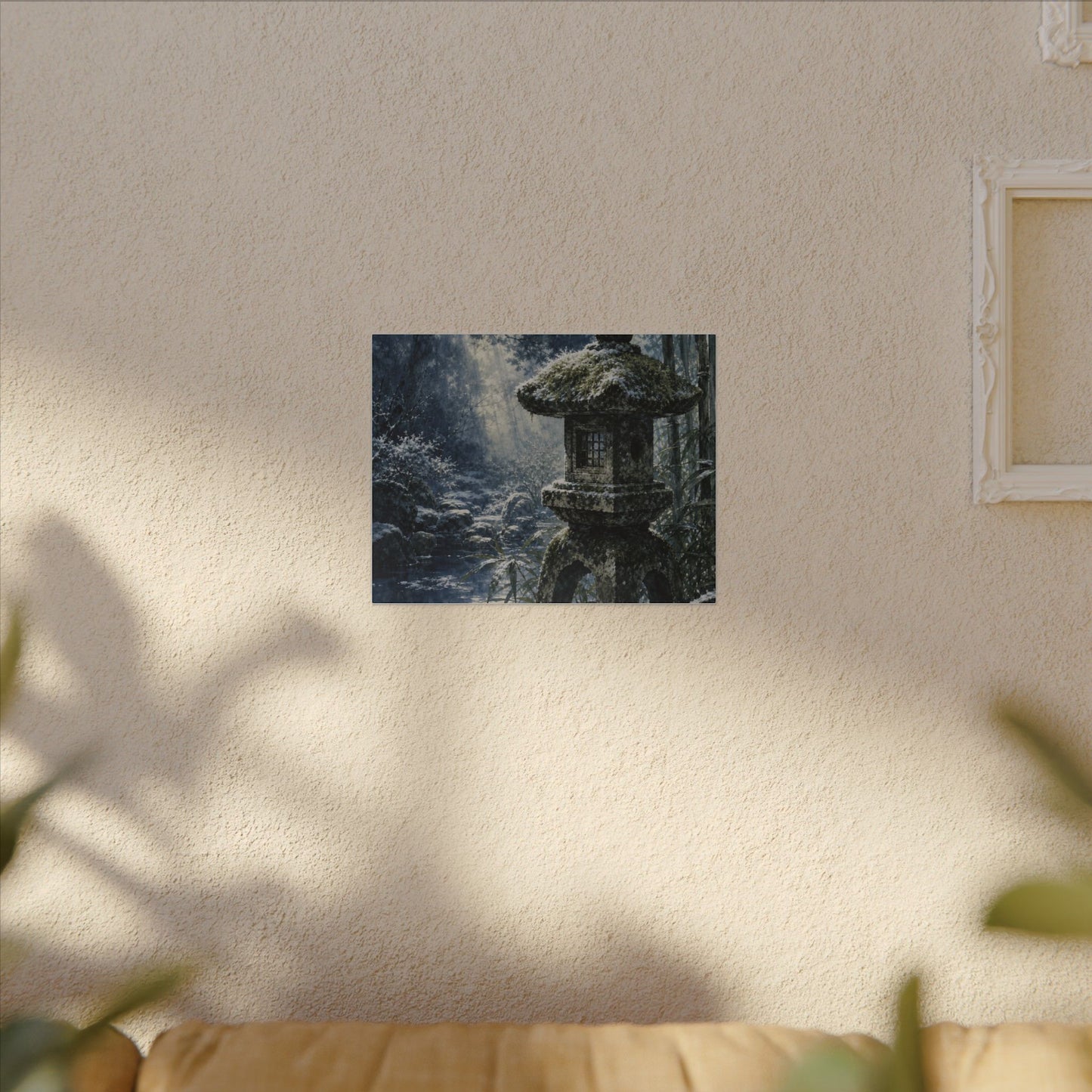 Zen Stone Lantern in Dappled | Sumi E Canvas Art