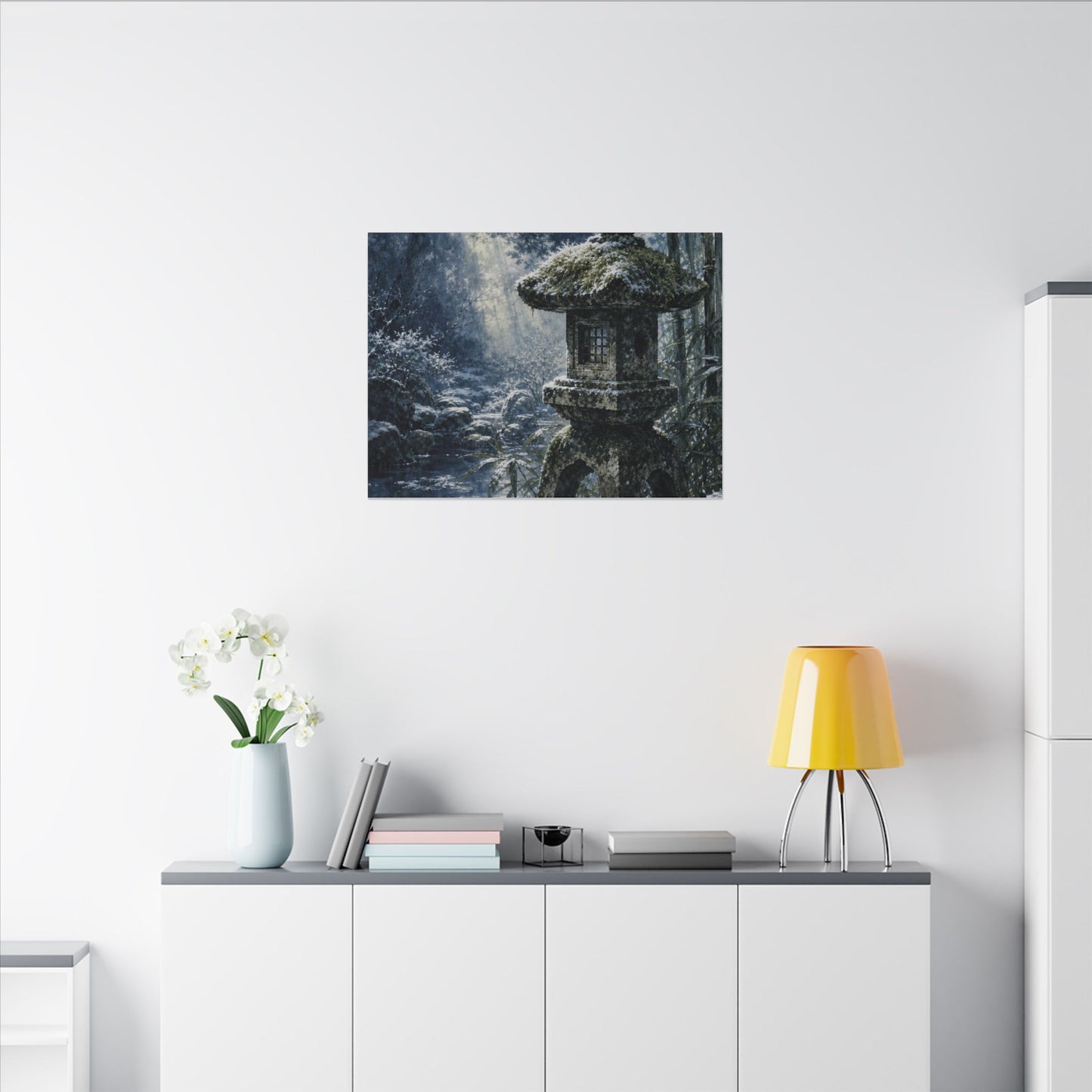 Zen Stone Lantern in Dappled | Sumi E Canvas Art