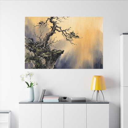 Zen Pine Tree in Golden Hour | Sumi E Canvas Art