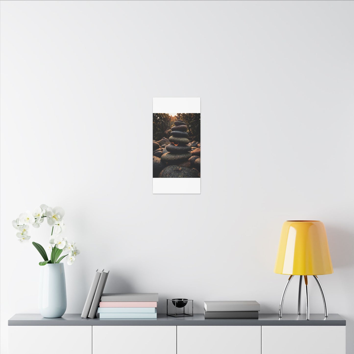 Dark Japandi River Stones in Golden Hour | Moody Minimal Canvas Art