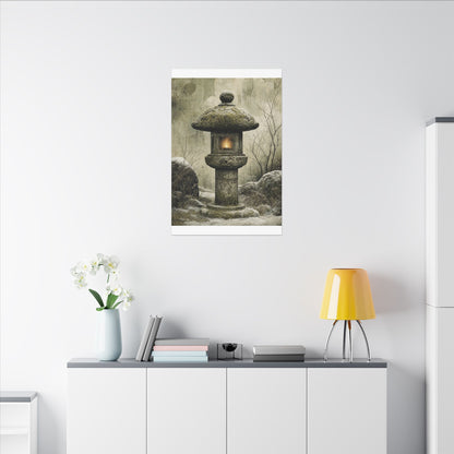 Stone Lantern Winter Canvas Art | Japandi Neutral Design