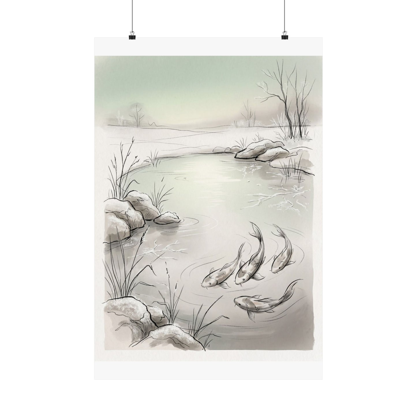 Japandi Koi Pond in Dawn | Minimal Line Wall Art Print