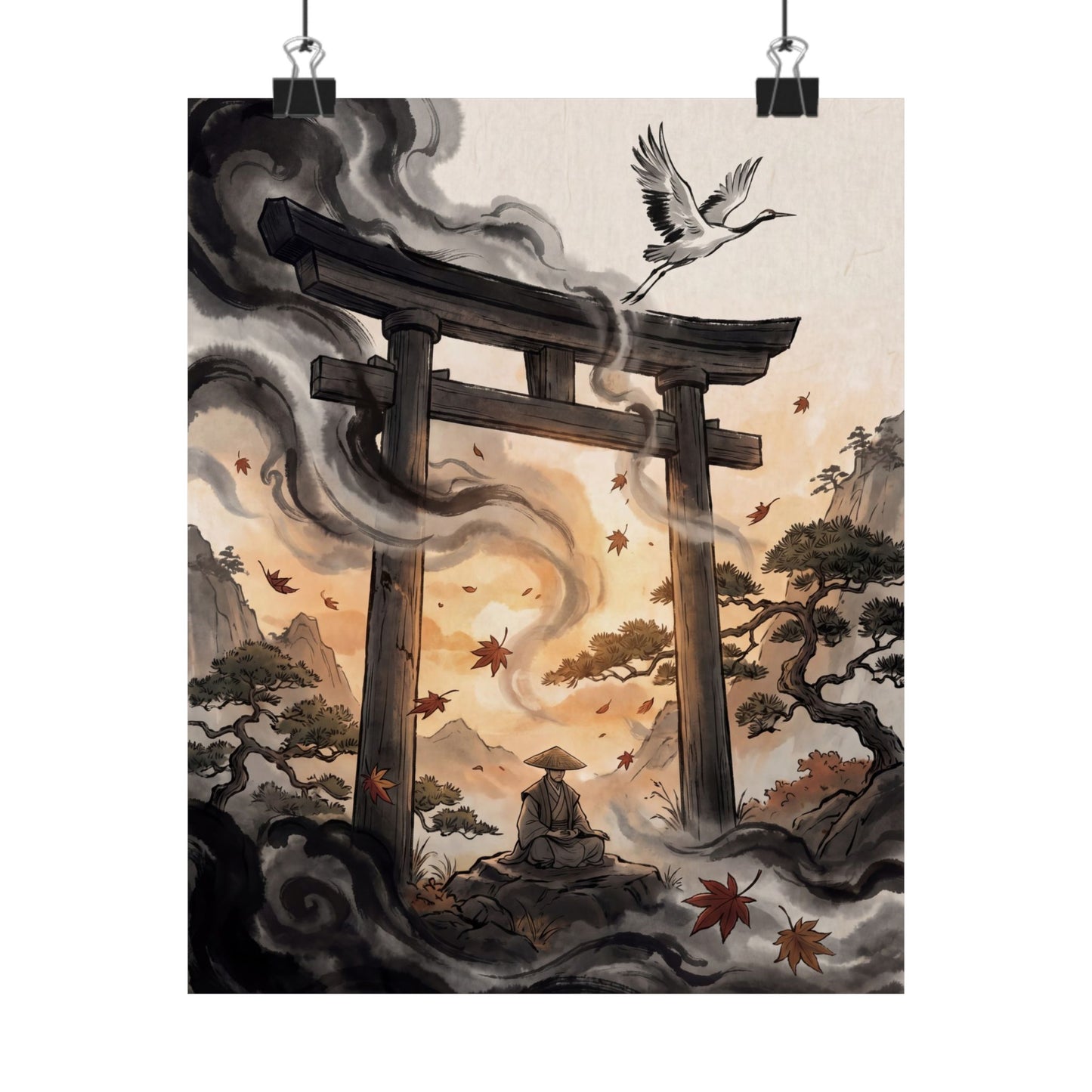 Autumn Torii Gate Ukiyo E Inspired Wall Art Print | Contemplative Decor Art Print