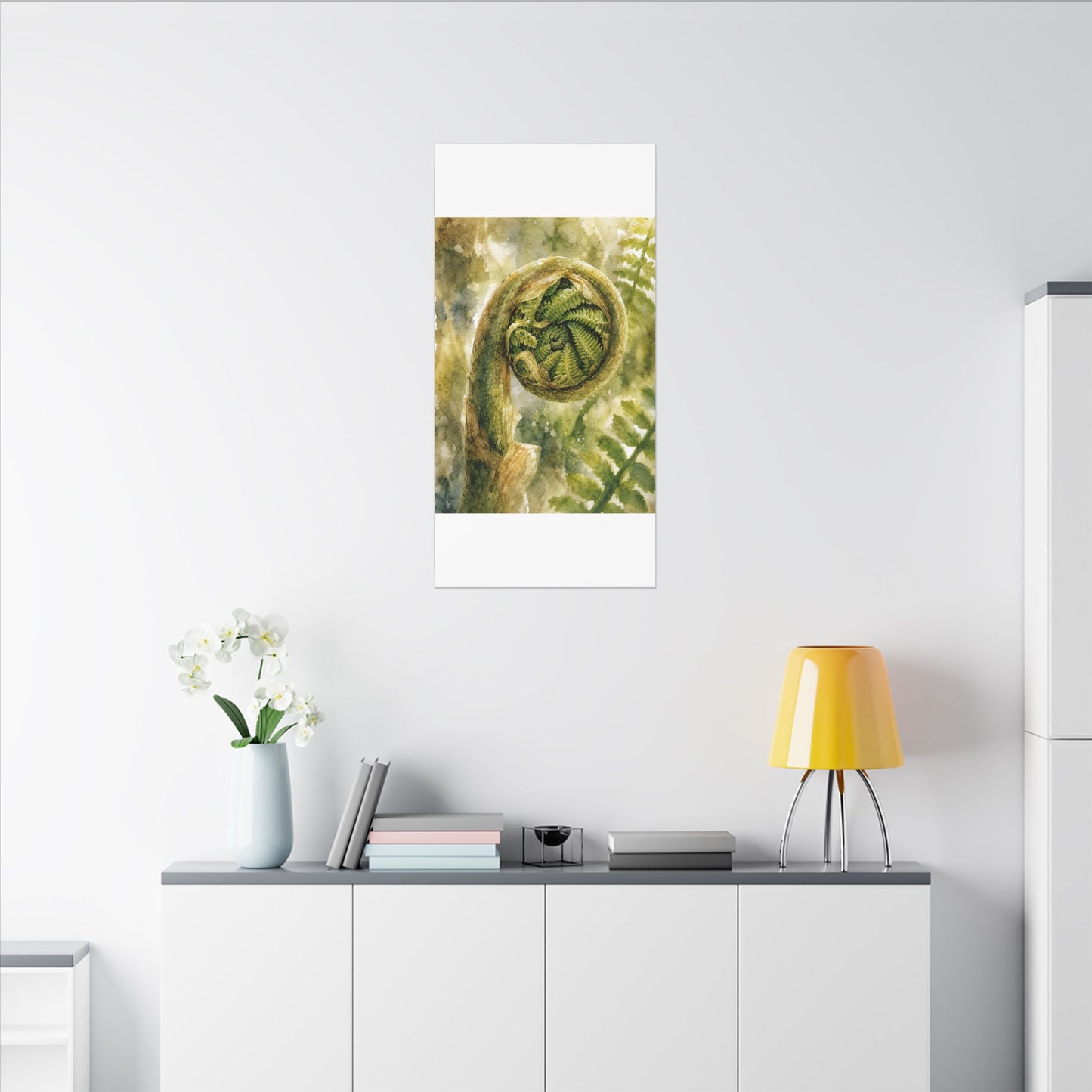 Japandi Fern Unfurling in Dappled | Watercolor Canvas Art