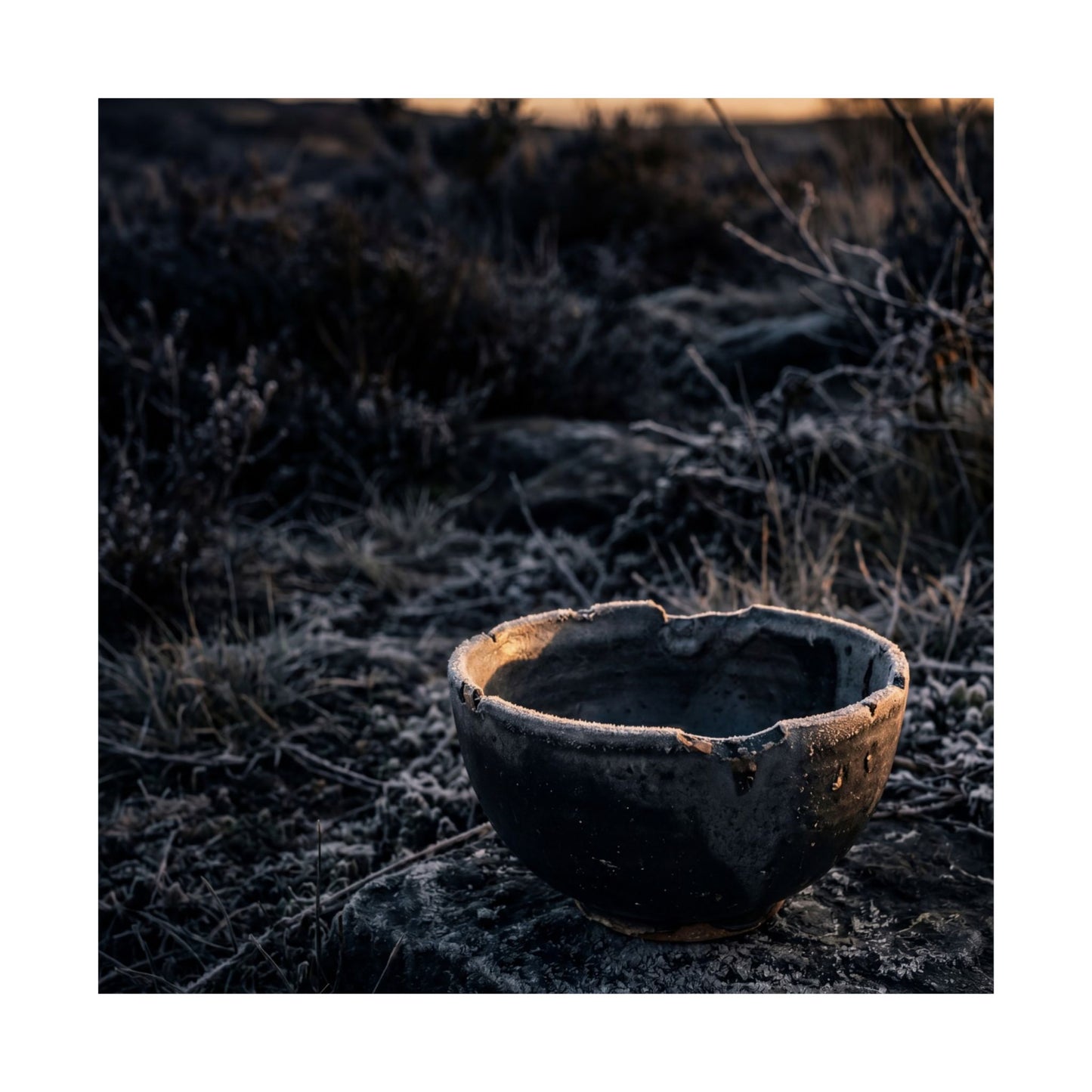 Dark Japandi Ceramic Bowl in Golden Hour | Dark Texture Wall Art Print