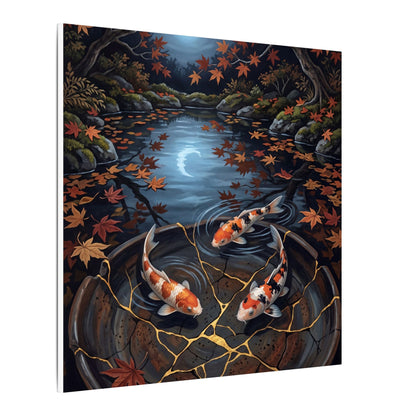 Koi Pond Canvas Art | Autumn Kintsugi Gold Repair Art