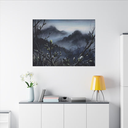 Mountain Mist Spring Canvas Art | Dark Japandi Atmospheric Design