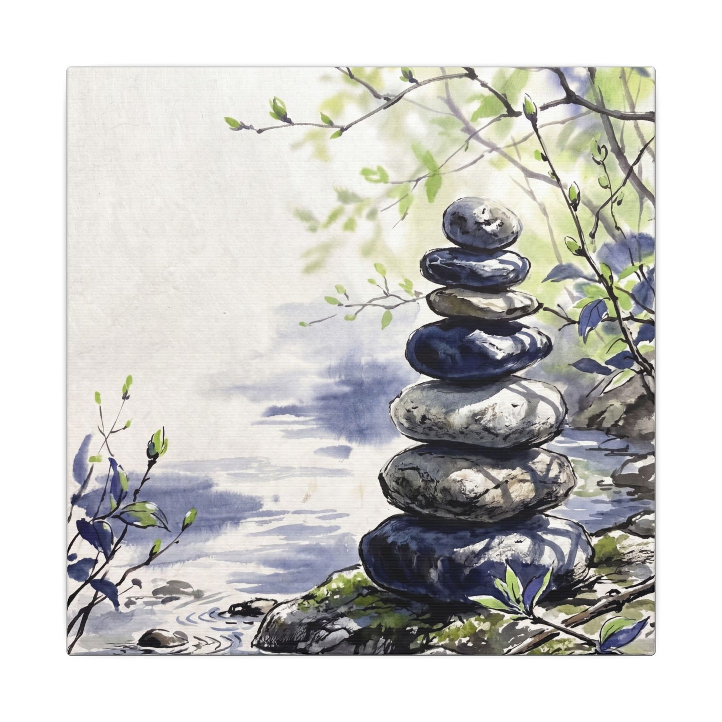 River Stones Sumi E Canvas Art | Serene Zen Art