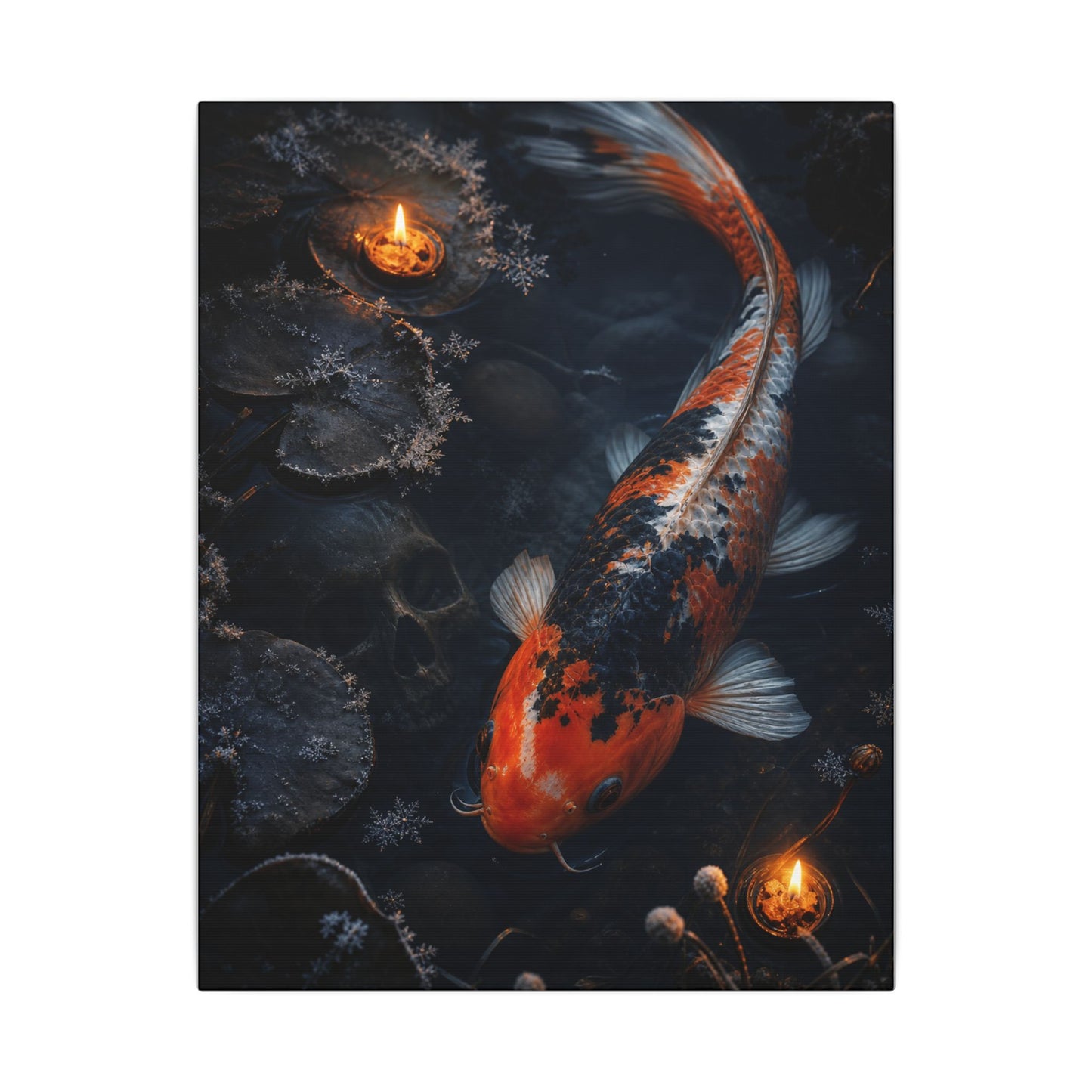 Koi Pond Canvas Art | Winter Dark Japandi Shadow Zen Art