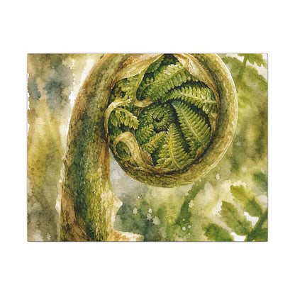 Japandi Fern Unfurling in Dappled | Watercolor Canvas Art