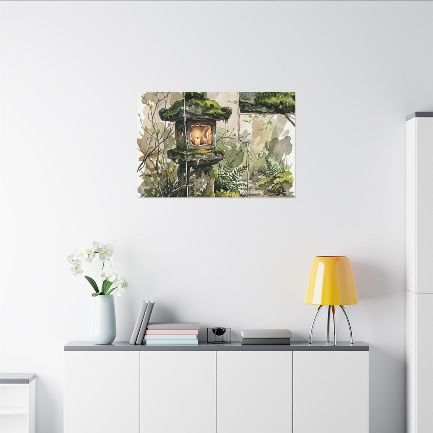 Stone Lantern Watercolor Canvas Art | Elegant Japandi Art