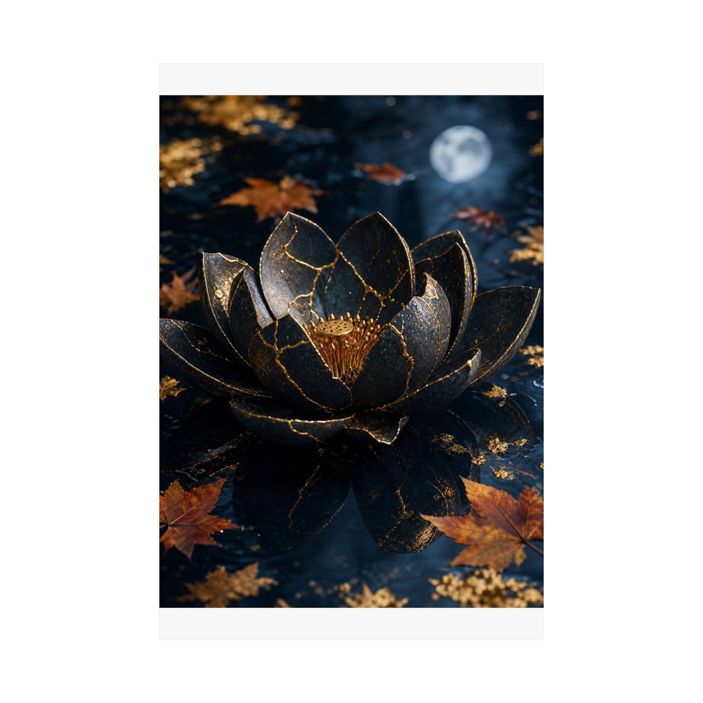 Kintsugi Lotus Flower in Moonlight | Gold Repair Wall Art Print