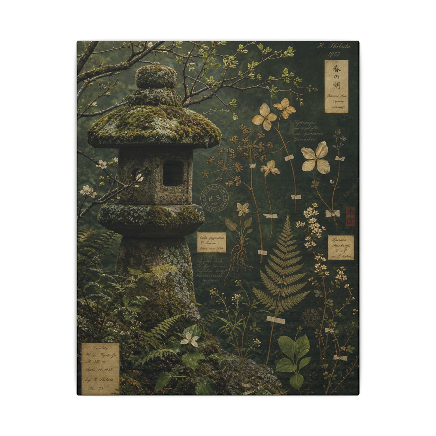 Spring Stone Lantern Herbarium Canvas Art | Nostalgic Decor