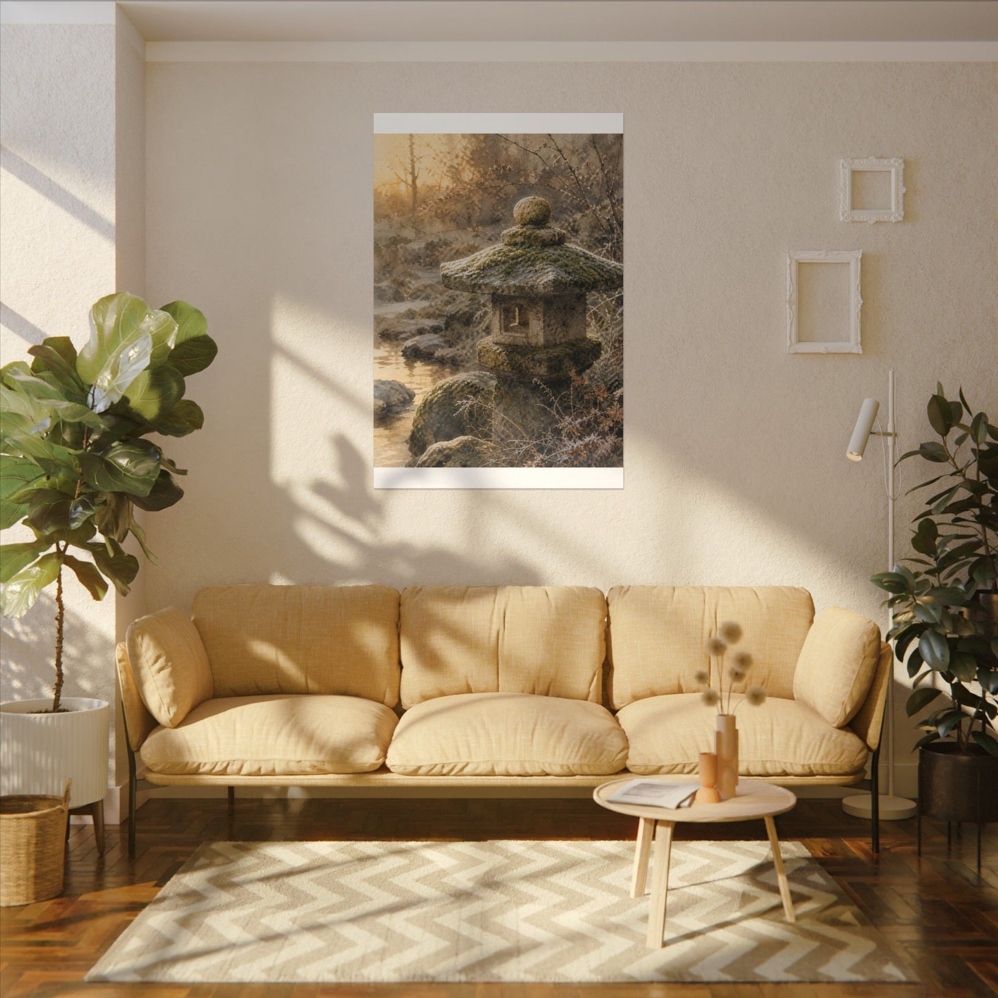 Winter Stone Lantern Watercolor Canvas Art | Earthy Decor