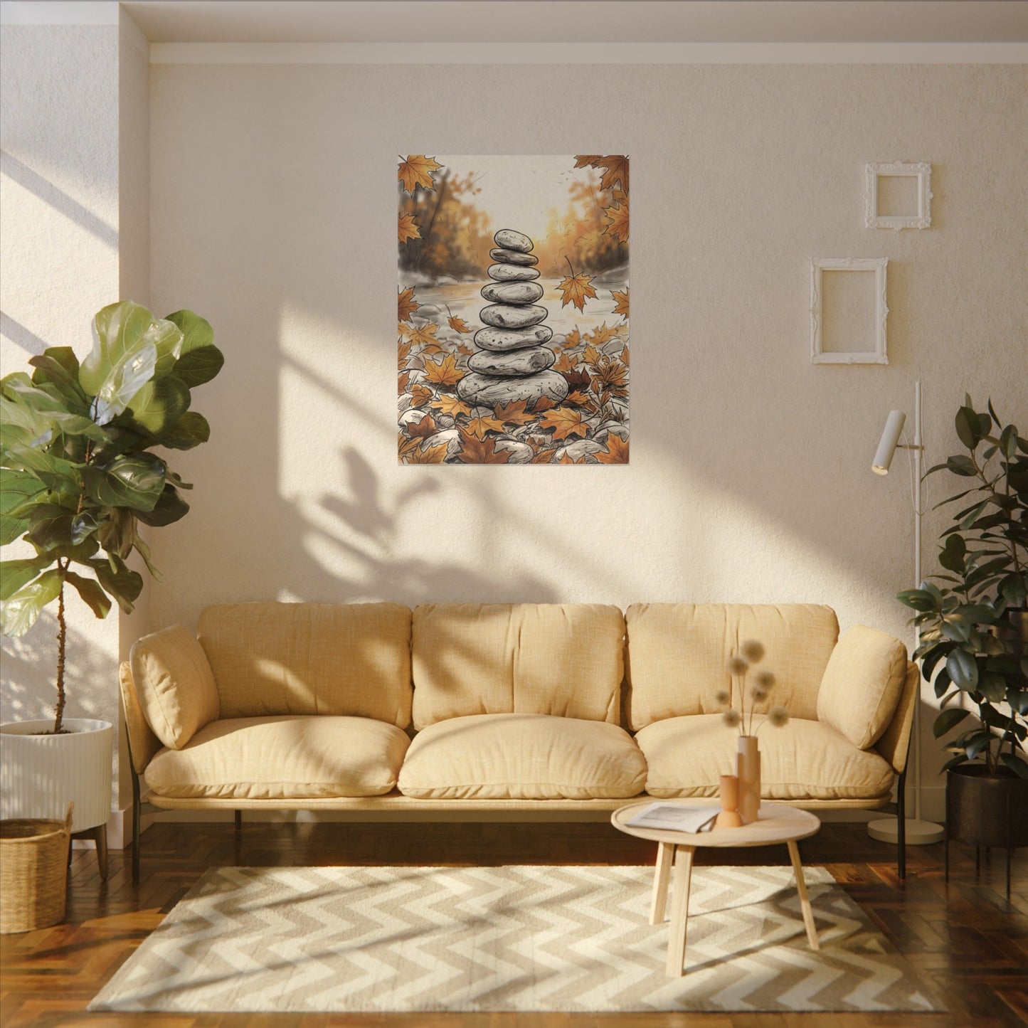 Earthy River Stones Canvas Art - Minimal Line Japandi