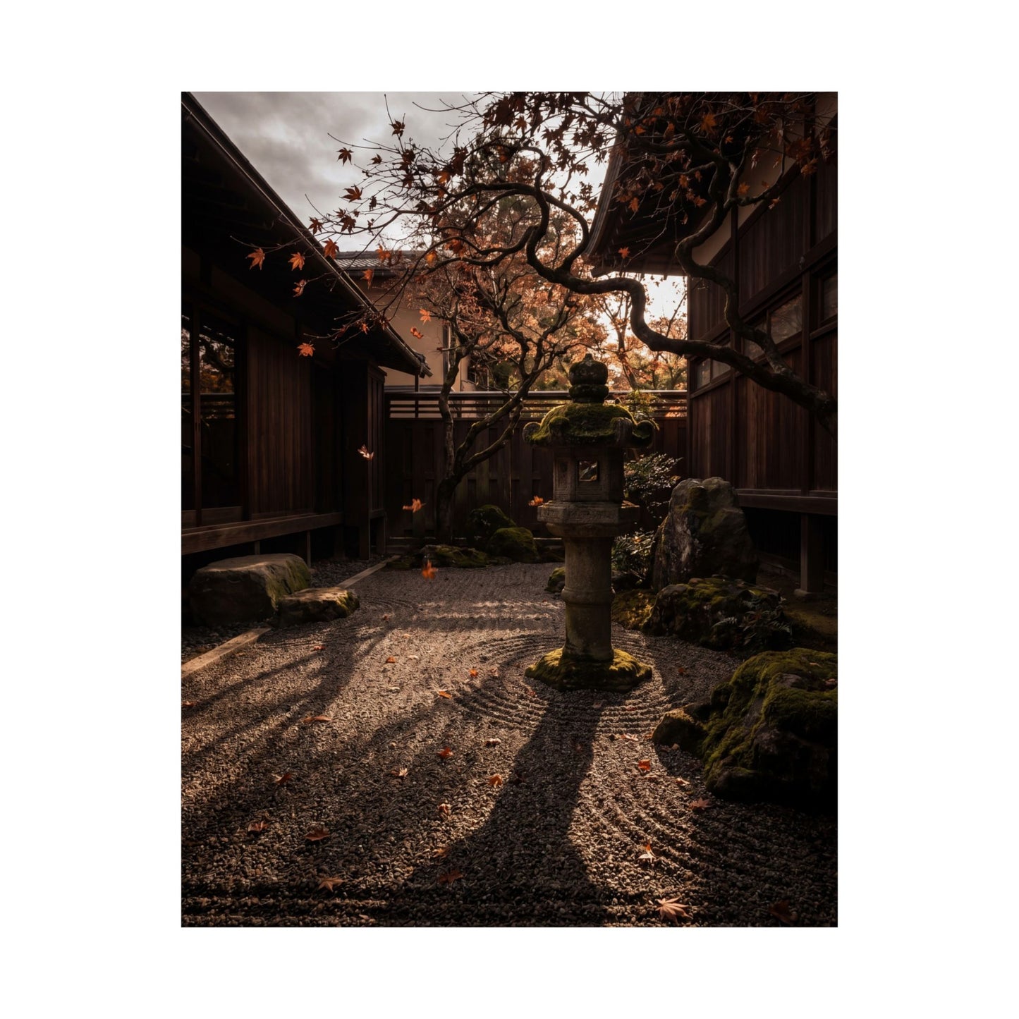 Autumn Stone Lantern Shadow Zen Wall Art Print | Moody Decor