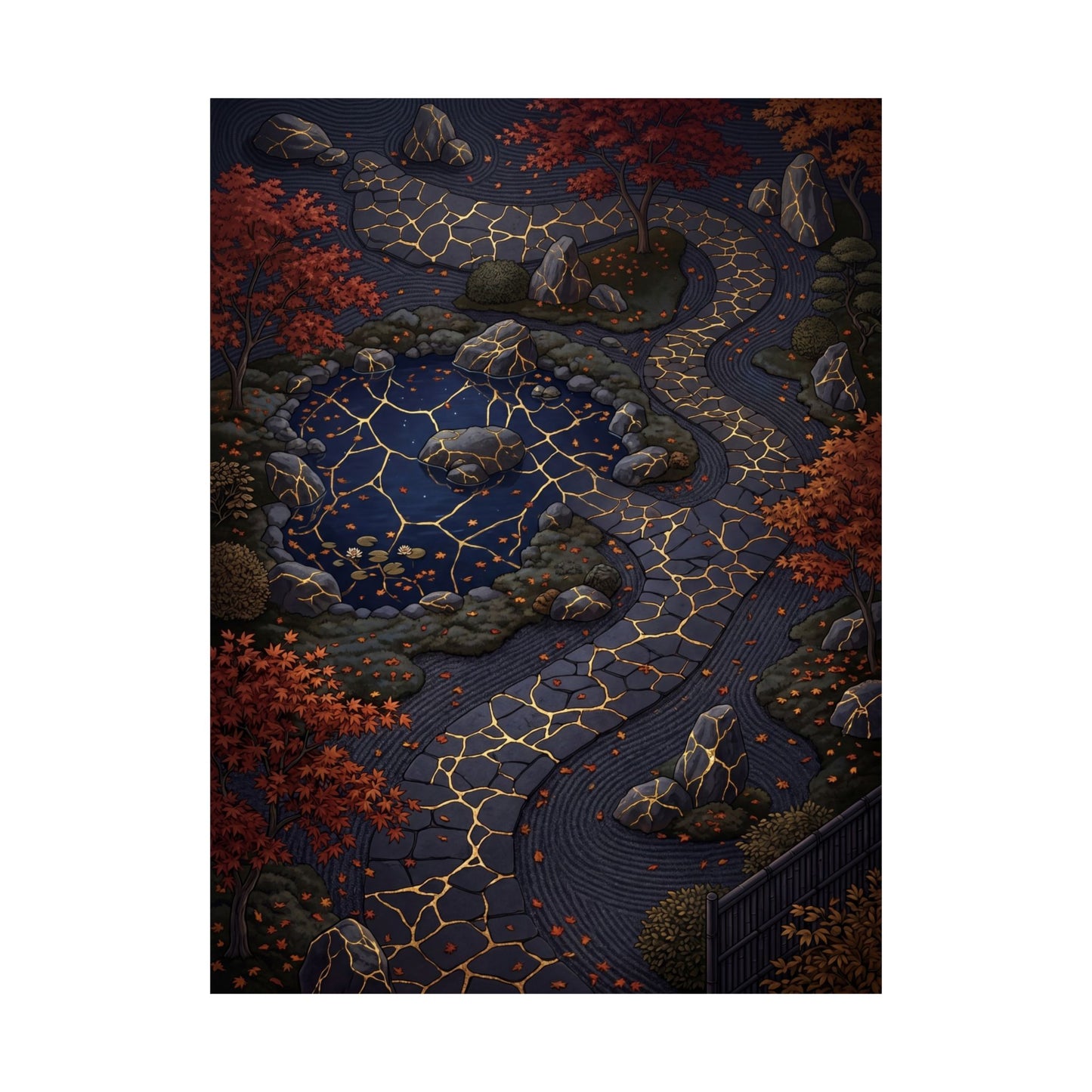 Moonlit Garden Wall Art Print | Autumn Kintsugi Gold Vein Art