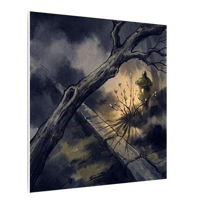 Dark Japandi Moonlit Garden in Golden Hour | Charcoal Ink Canvas Art