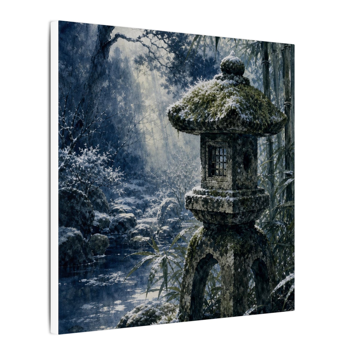 Zen Stone Lantern in Dappled | Sumi E Canvas Art