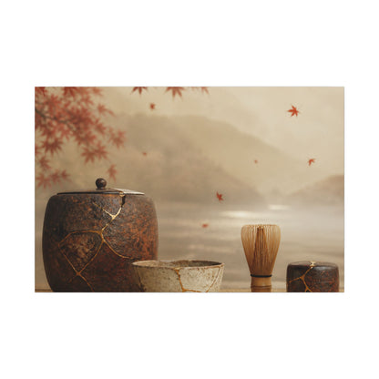 Tea Ceremony Canvas Art | Autumn Kintsugi Gold Vein Art