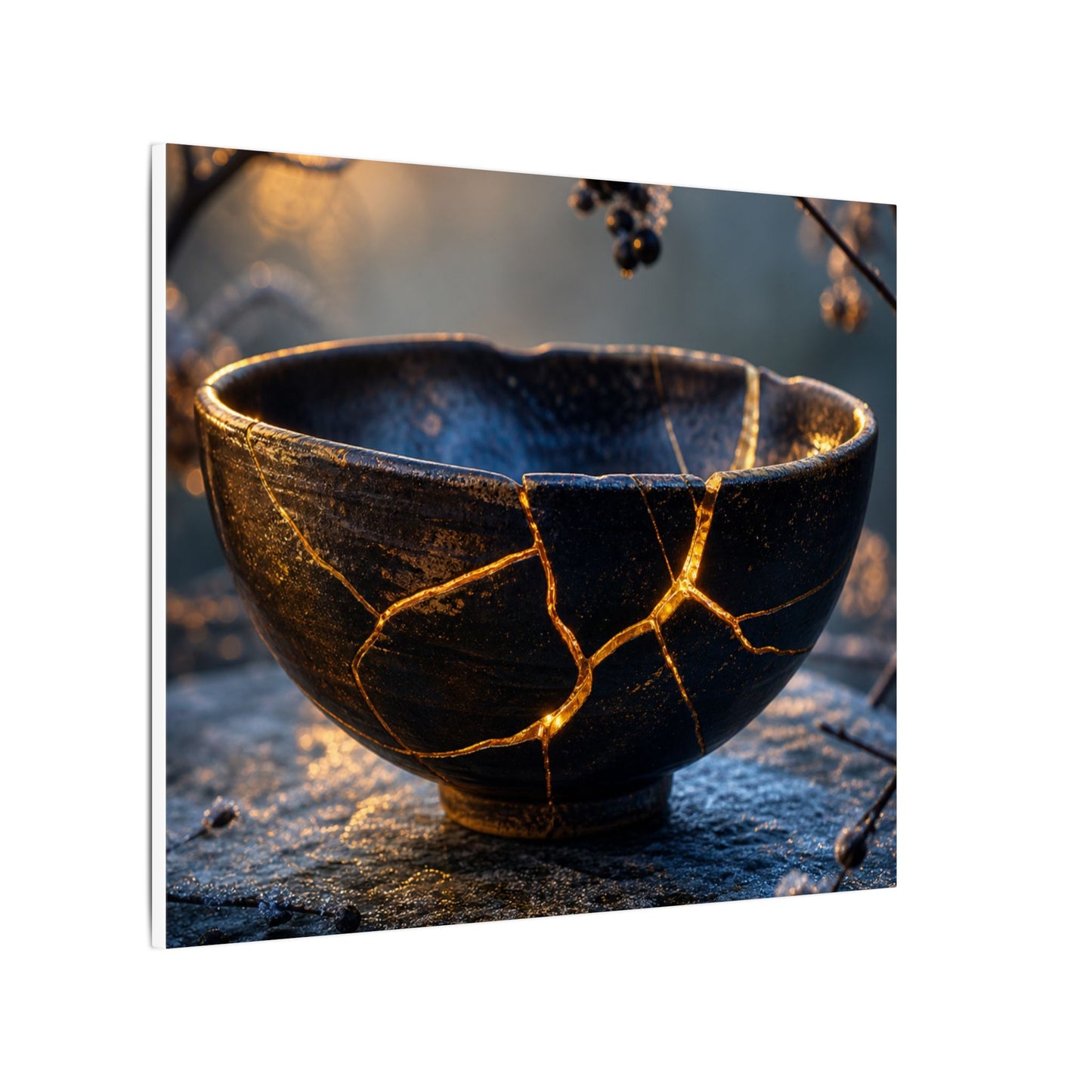 Ceramic Bowl Canvas Art | Winter Kintsugi Gold Repair Art