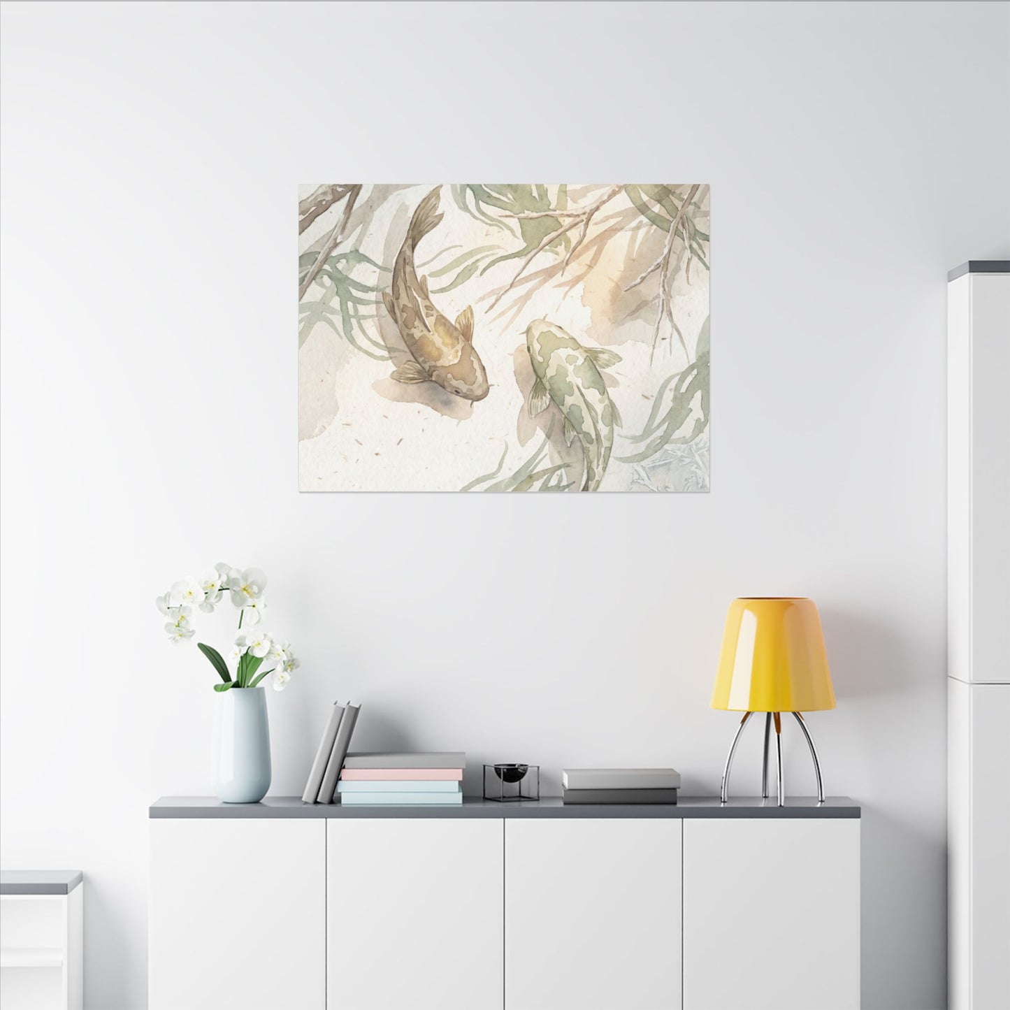 Koi Pond Canvas Art | Winter Japandi Watercolor Art