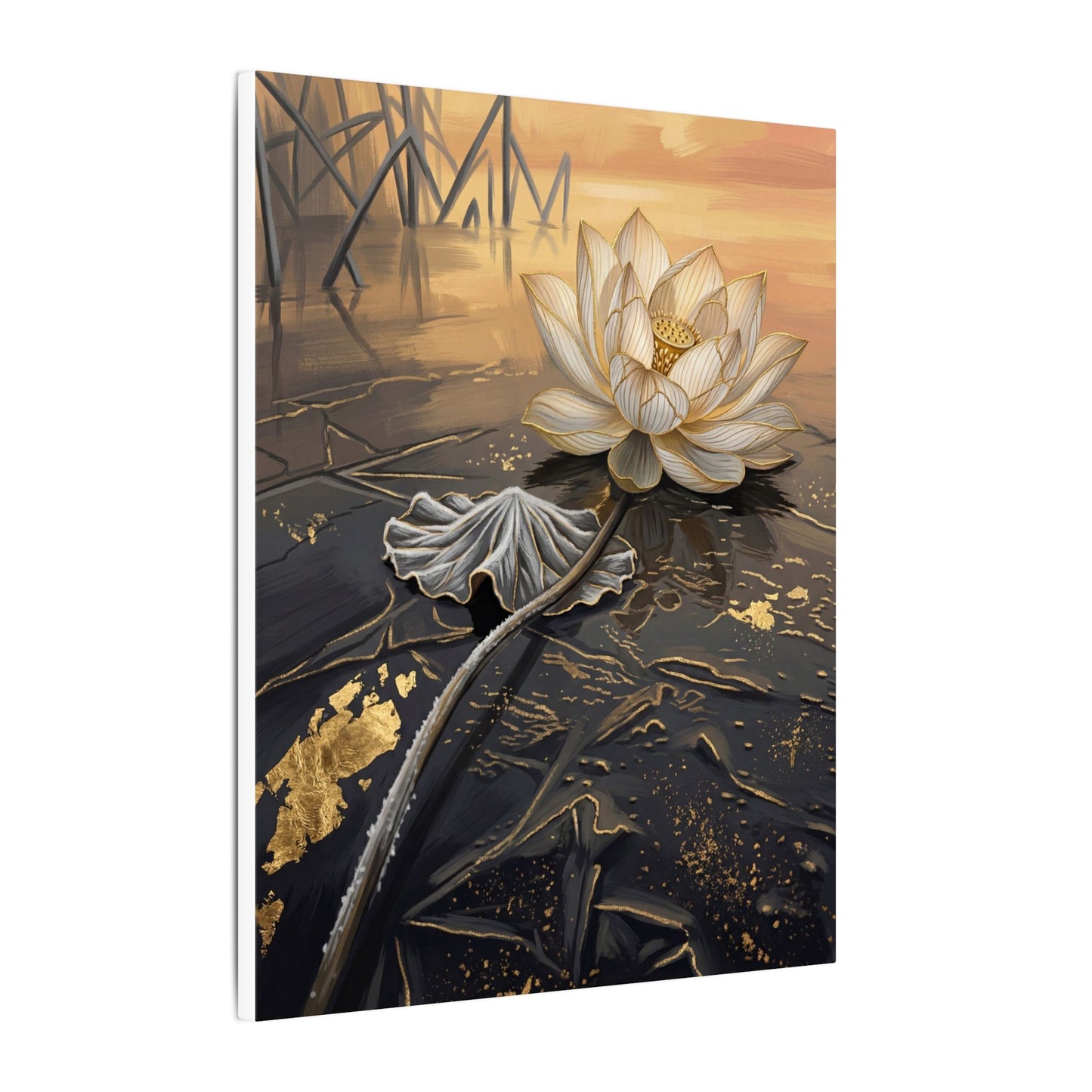 Kintsugi Lotus Flower in Golden Hour | Gold Vein Canvas Art