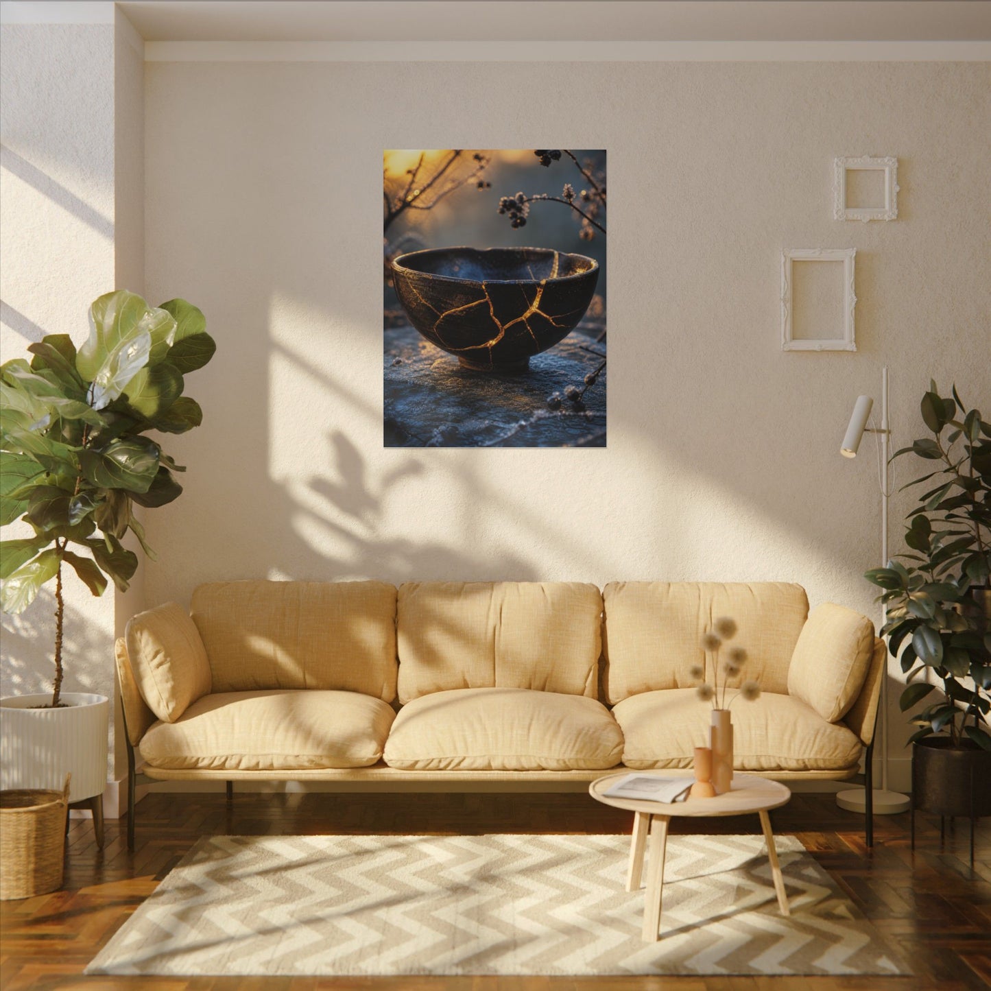 Ceramic Bowl Canvas Art | Winter Kintsugi Gold Repair Art