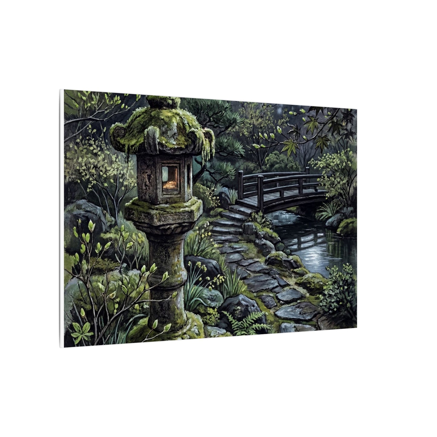 Japandi Stone Lantern in Moonlight | Texture Canvas Art