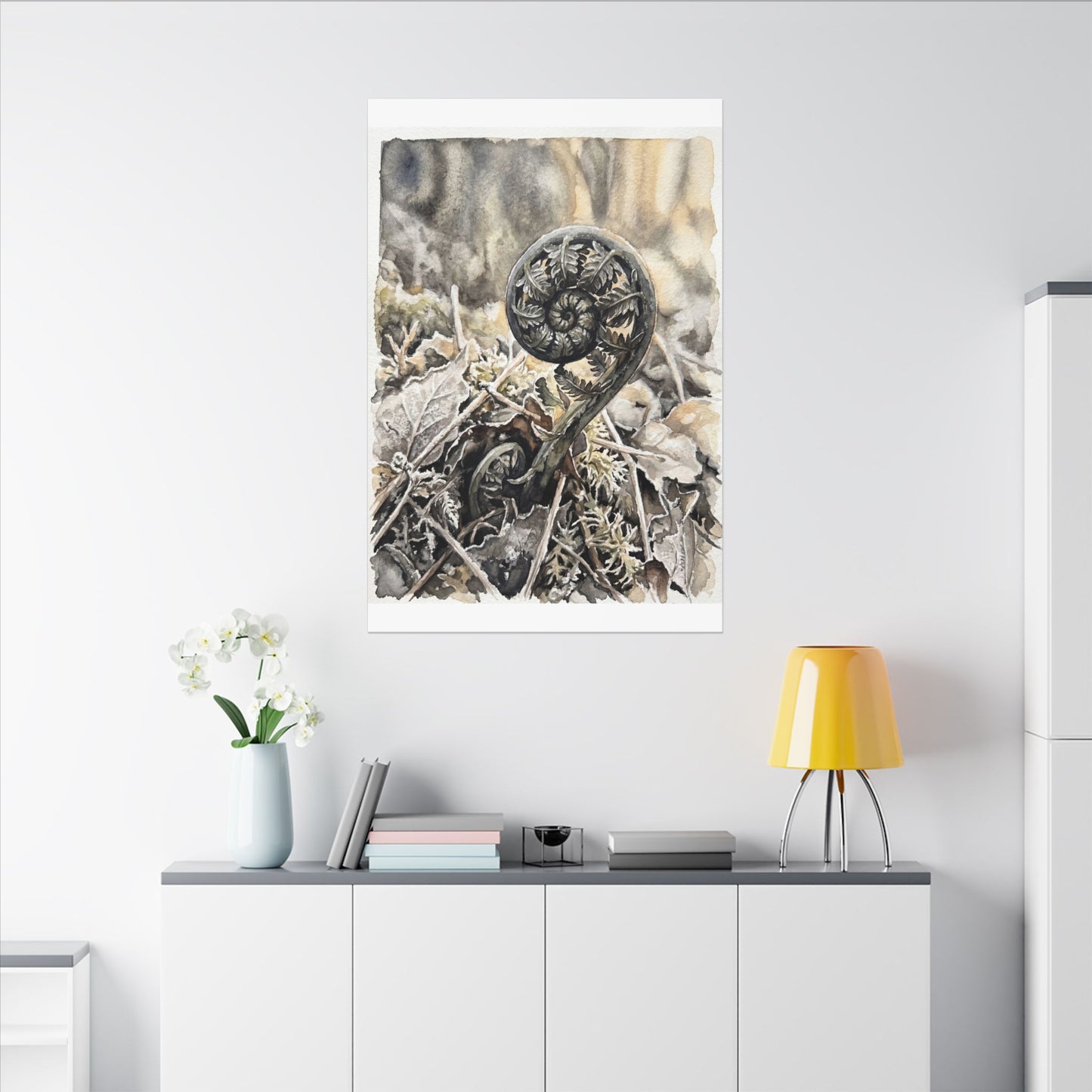 Japandi Fern Unfurling in Golden Hour | Watercolor Canvas Art