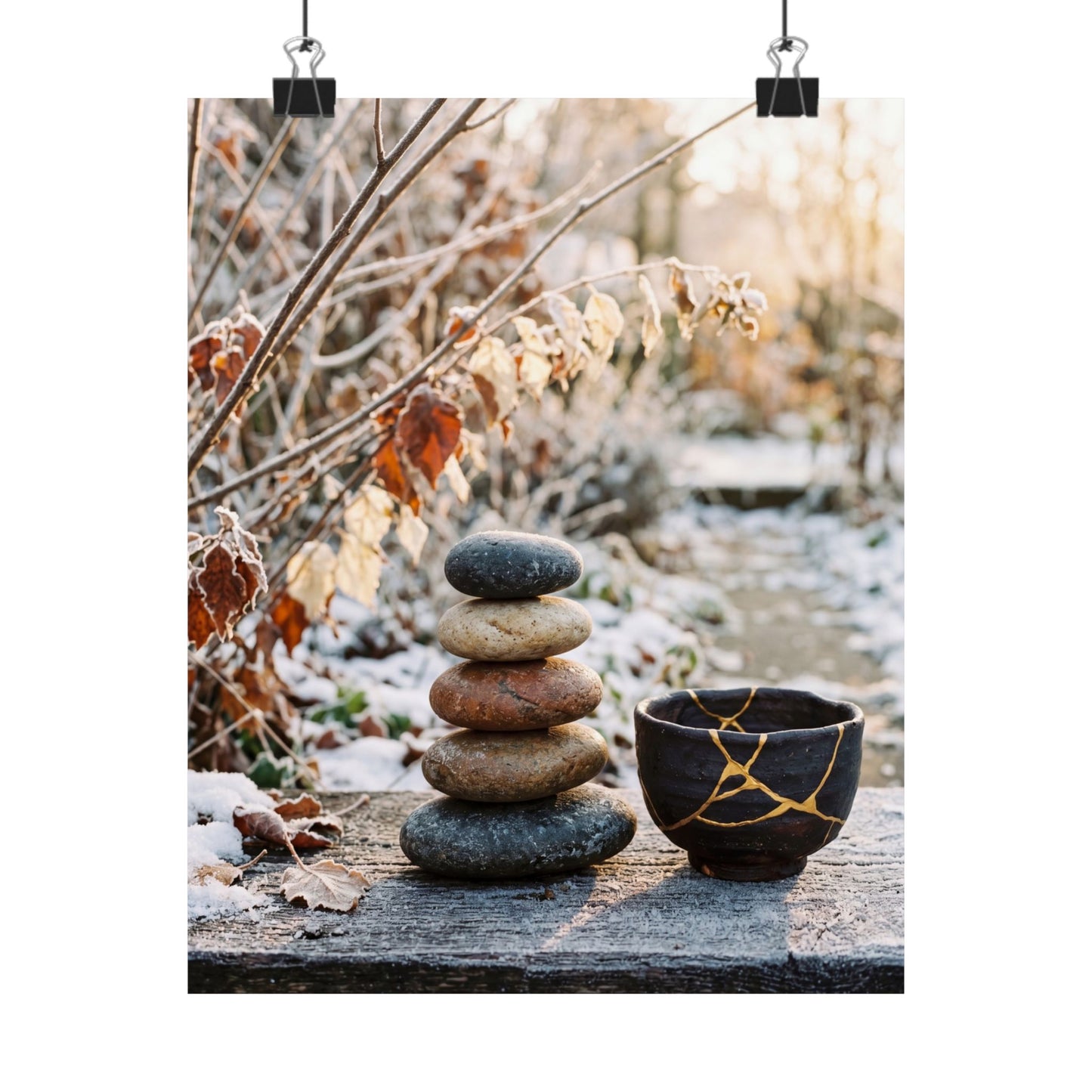 Winter River Stones Gold Repair Wall Art Print | Healing Decor
