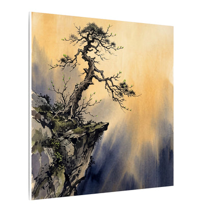 Zen Pine Tree in Golden Hour | Sumi E Canvas Art