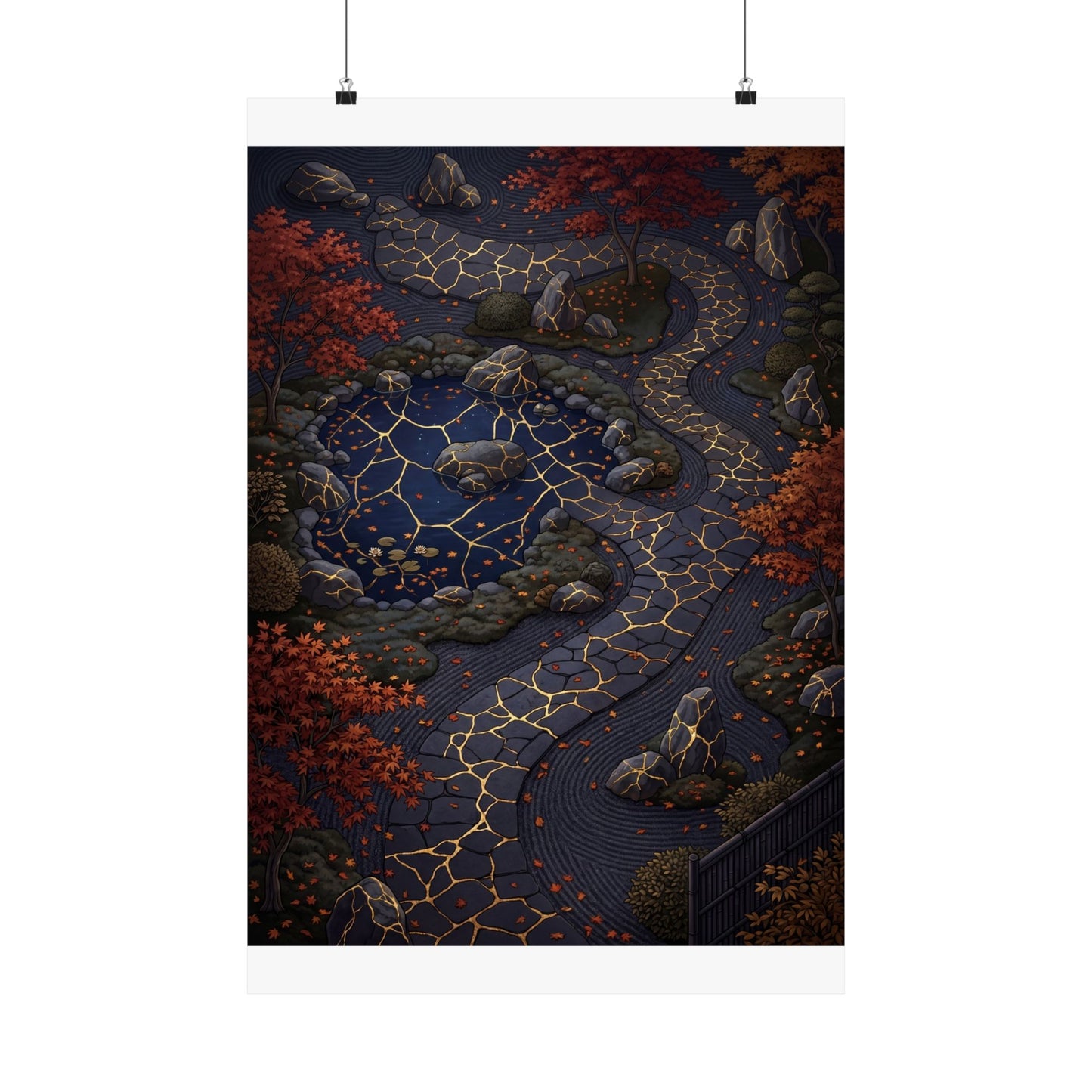 Moonlit Garden Wall Art Print | Autumn Kintsugi Gold Vein Art