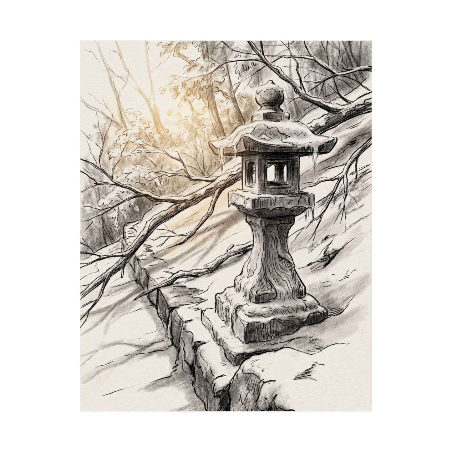 Japandi Stone Lantern in Golden Hour | Minimal Line Wall Art Print