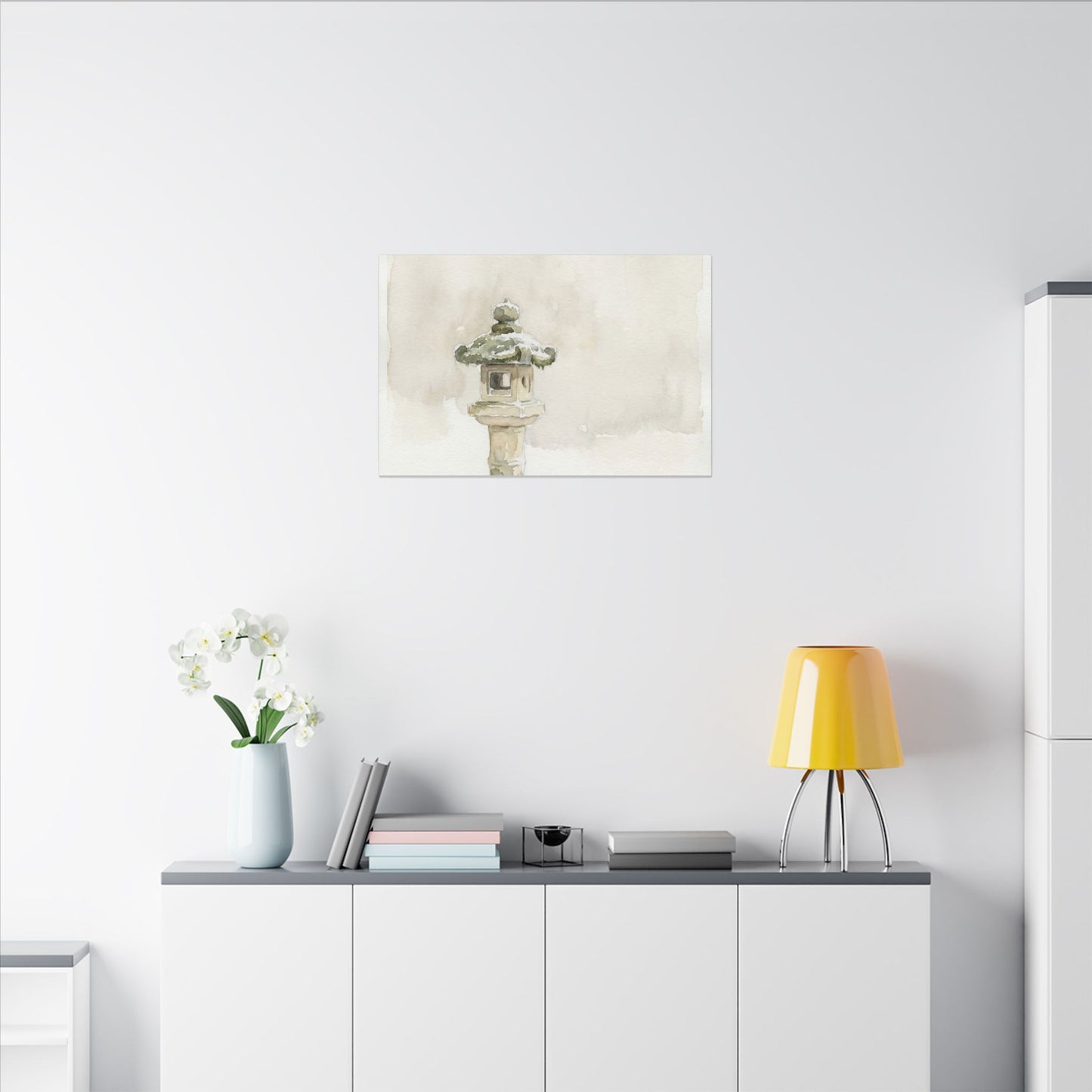Stone Lantern Winter Canvas Art | Japandi Earthy Design