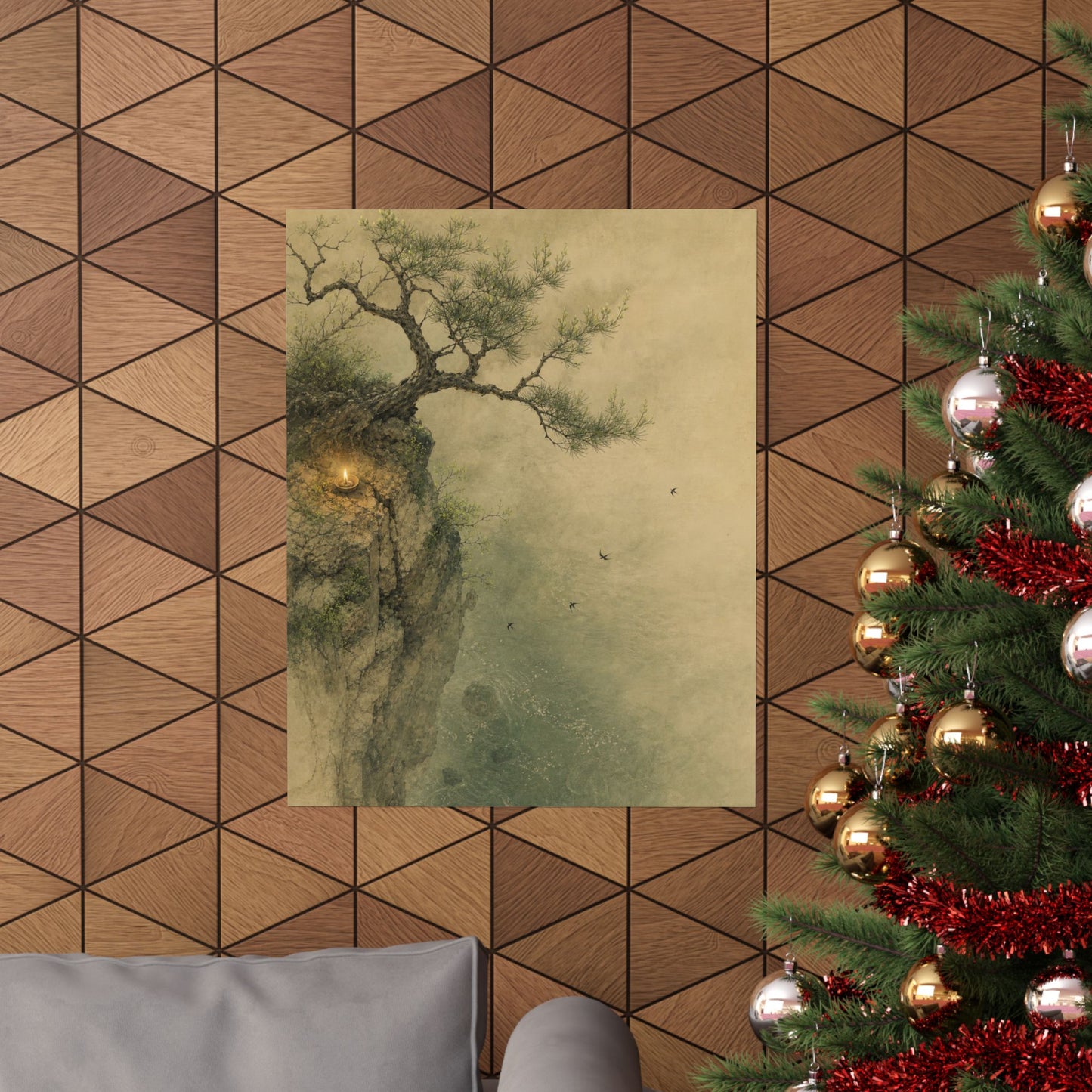 Japandi Pine Tree in Candlelight | Minimal Line Wall Art Print