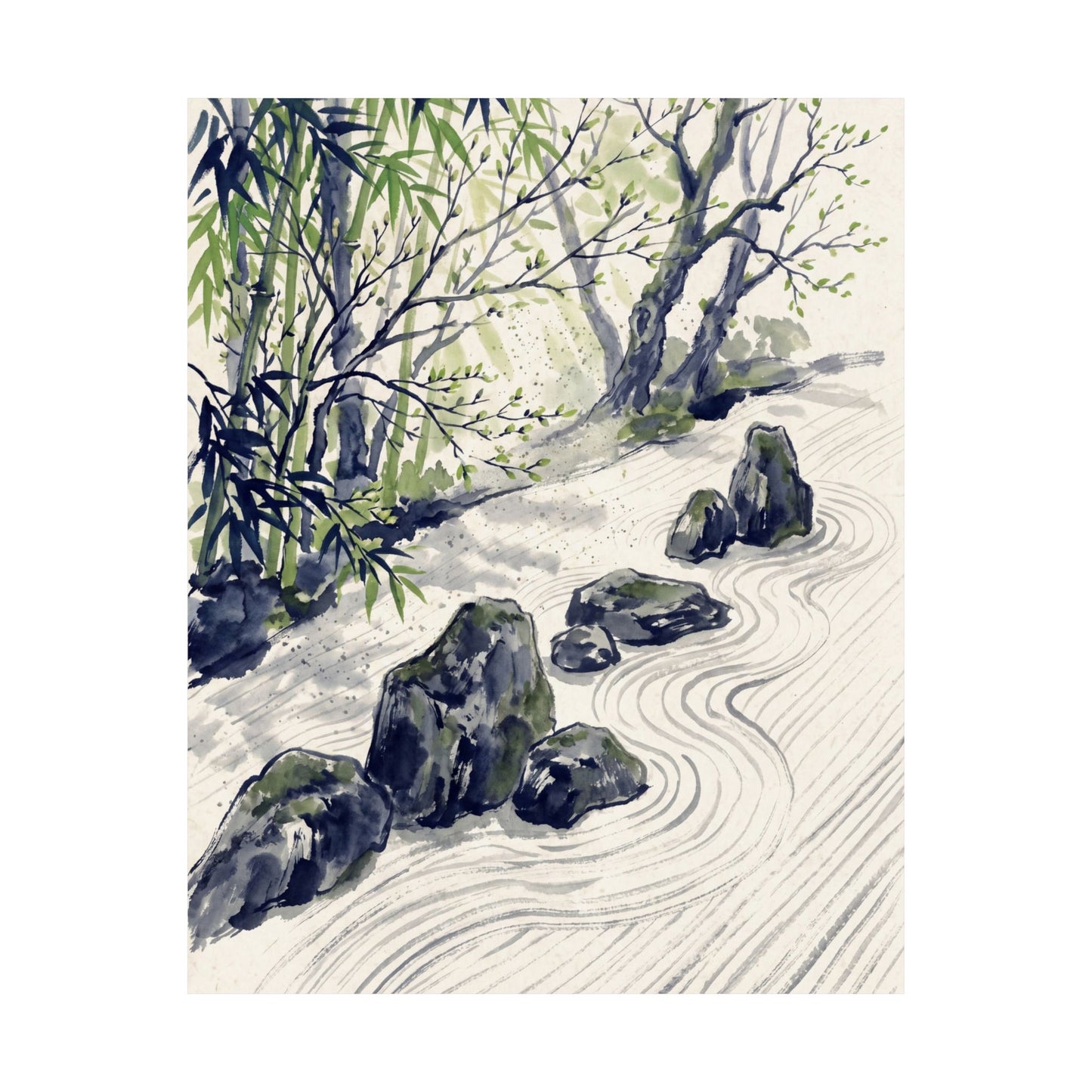 Zen Rock Garden in Dappled | Sumi E Wall Art Print