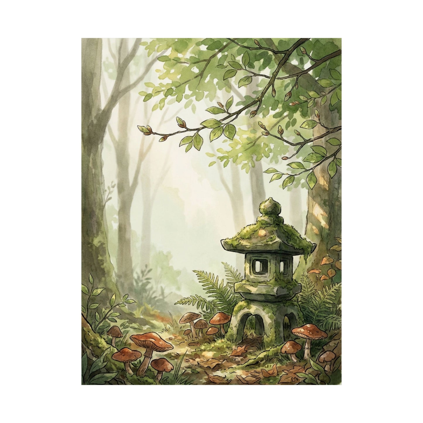 Spring Stone Lantern Mushroom Illustration Wall Art Print | Earthy Decor