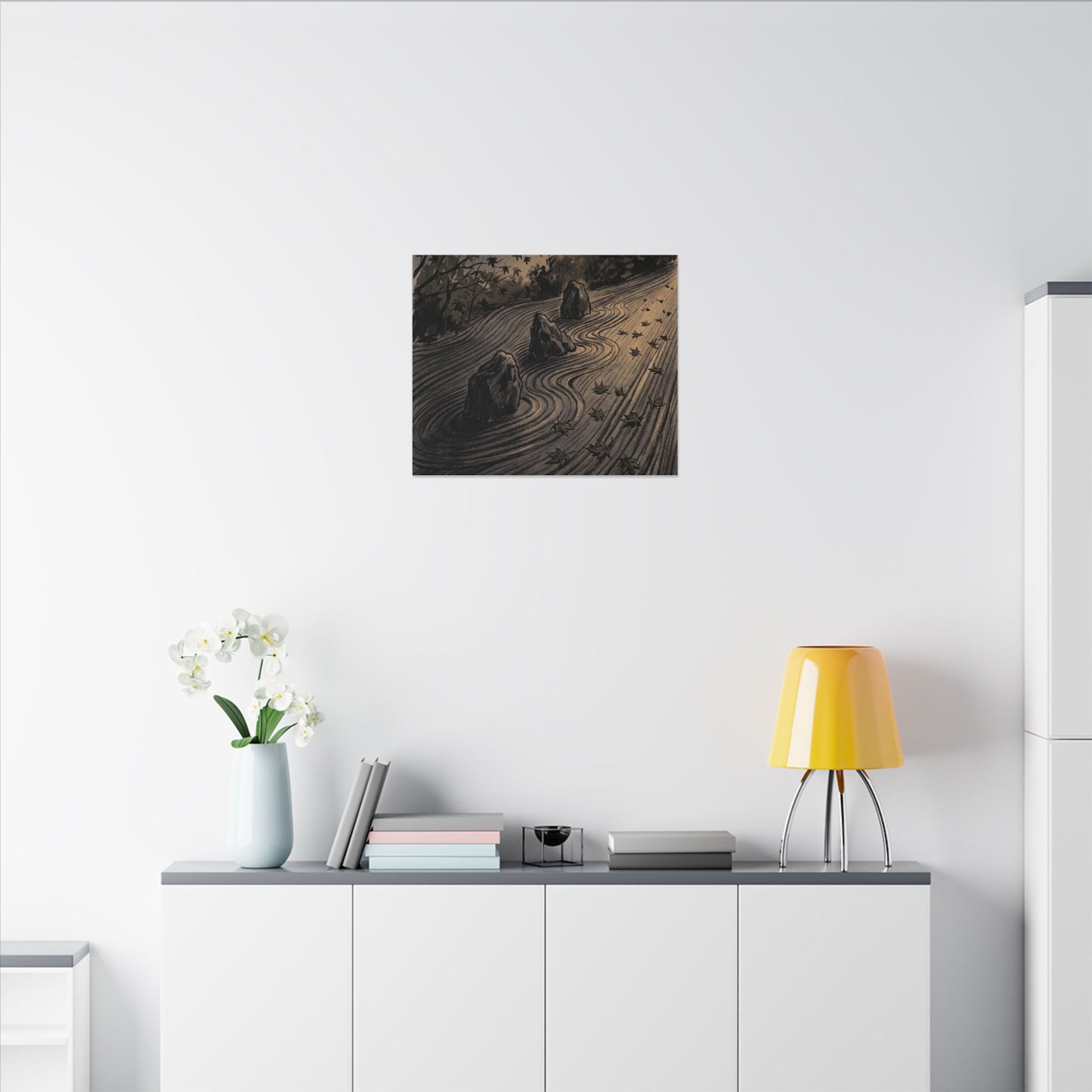 Rock Garden Canvas Art | Autumn Dark Japandi Charcoal Ink Art