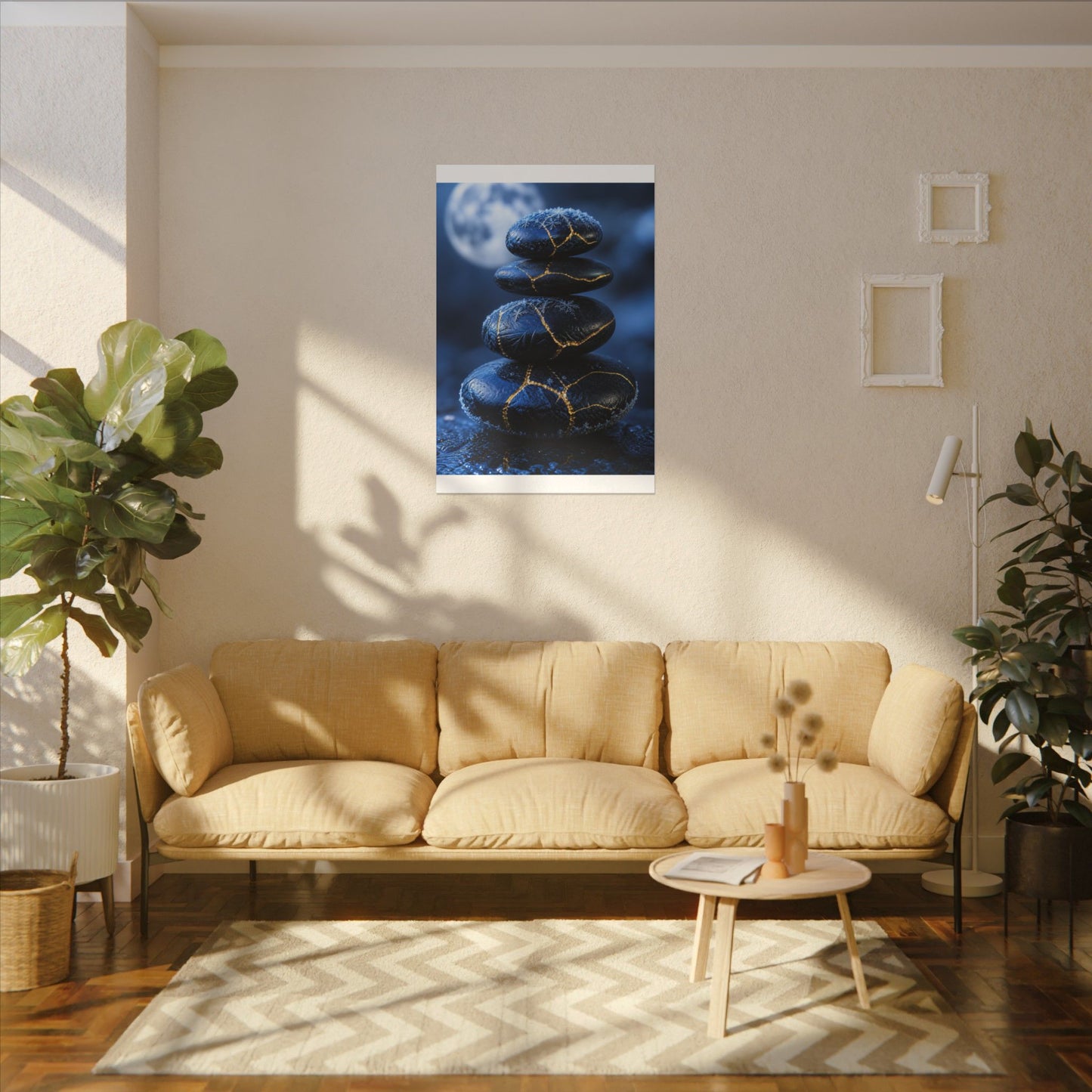 River Stones Canvas Art | Winter Kintsugi Gold Repair Art