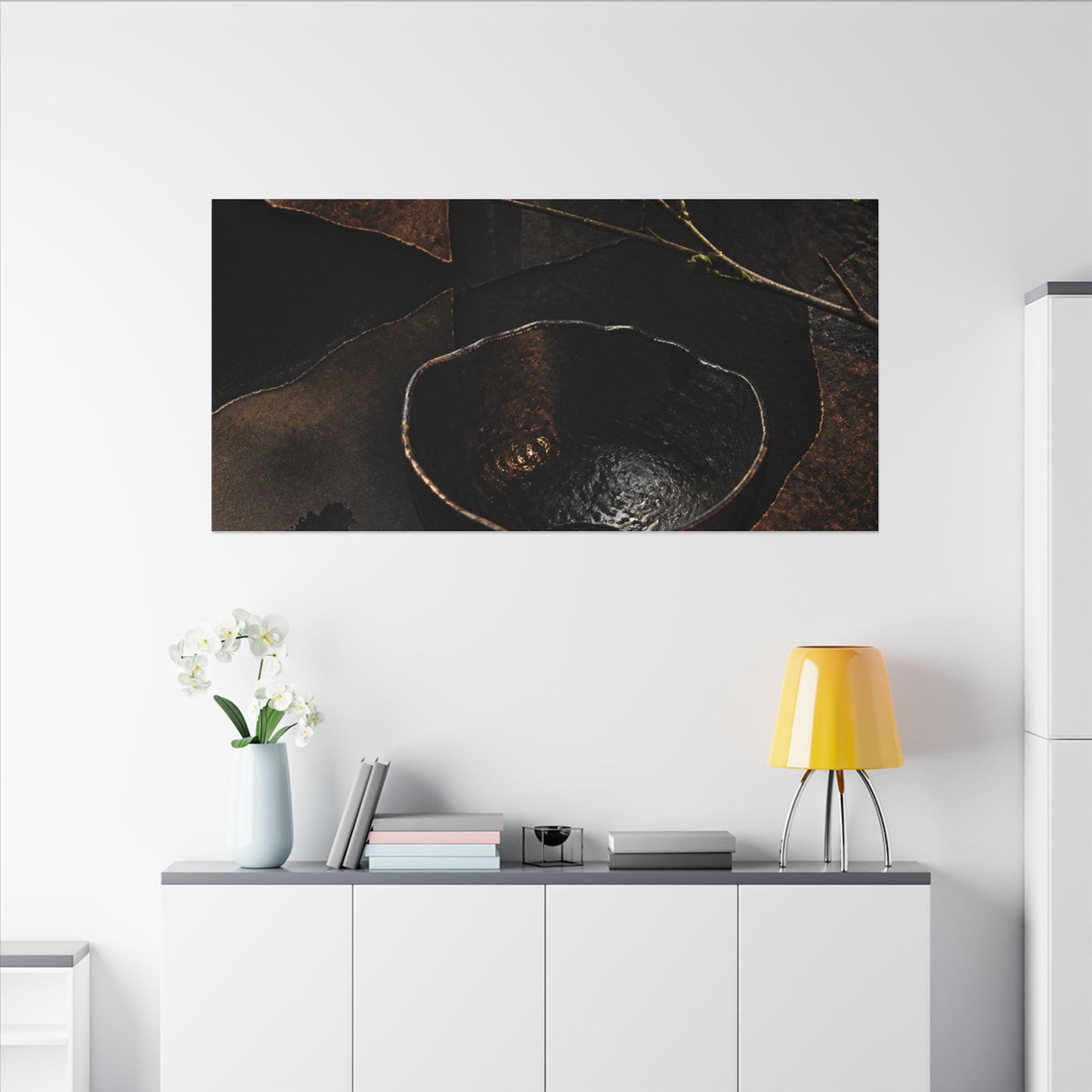 Atmospheric Ceramic Bowl Canvas Art - Shadow Zen Dark Japandi