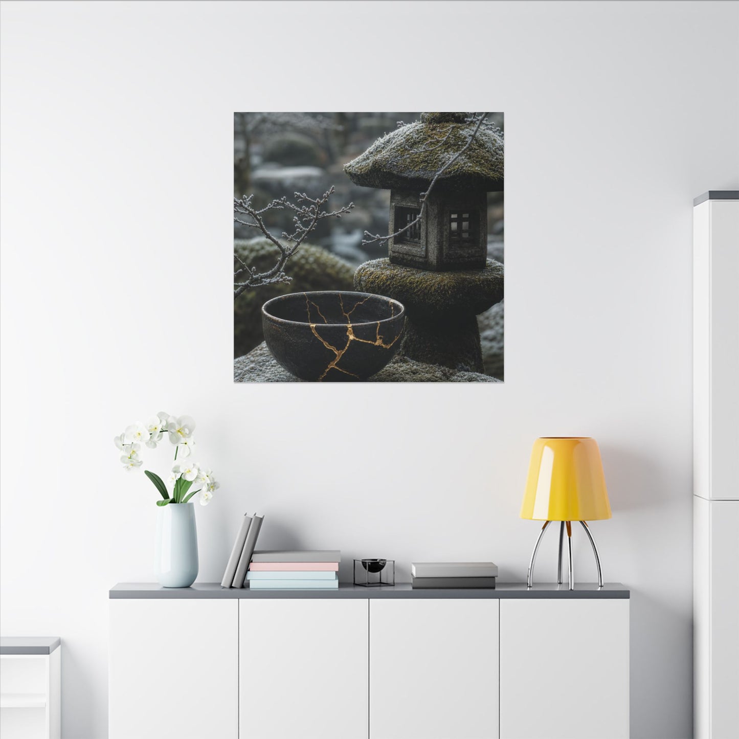 Stone Lantern Canvas Art | Winter Kintsugi Gold Repair Art