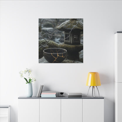 Stone Lantern Canvas Art | Winter Kintsugi Gold Repair Art