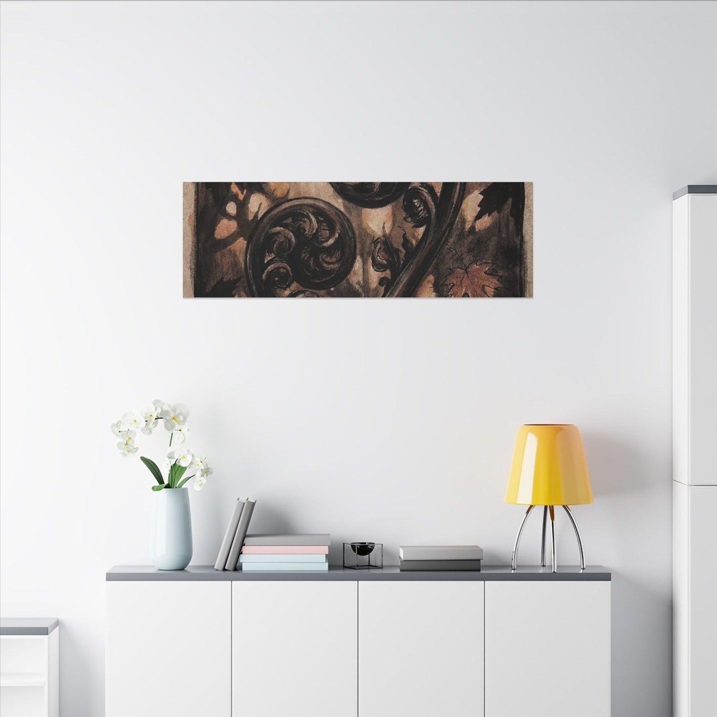 Mono No Aware Fern Unfurling Canvas Art - Dark Japandi Charcoal Ink