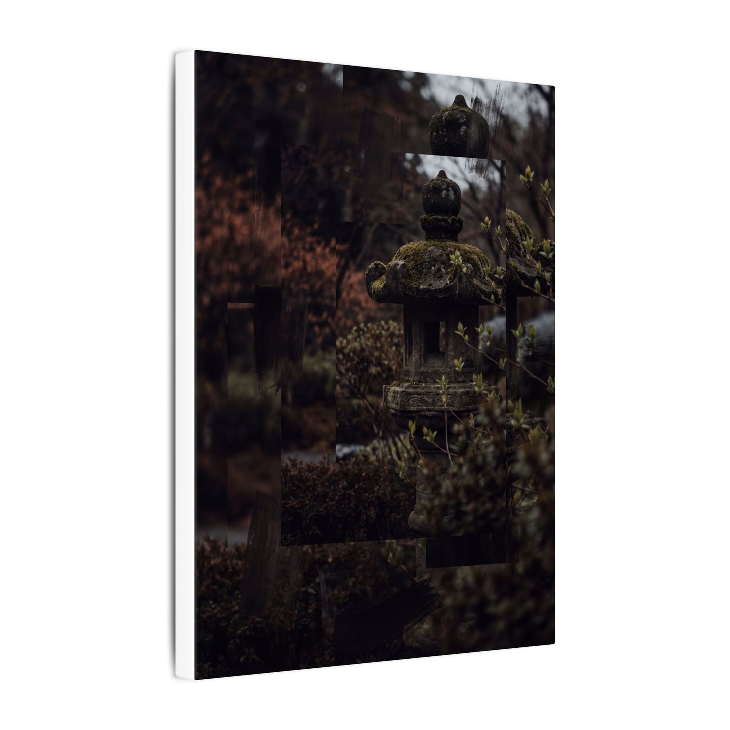Stone Lantern Spring Canvas Art | Dark Japandi Bold Design