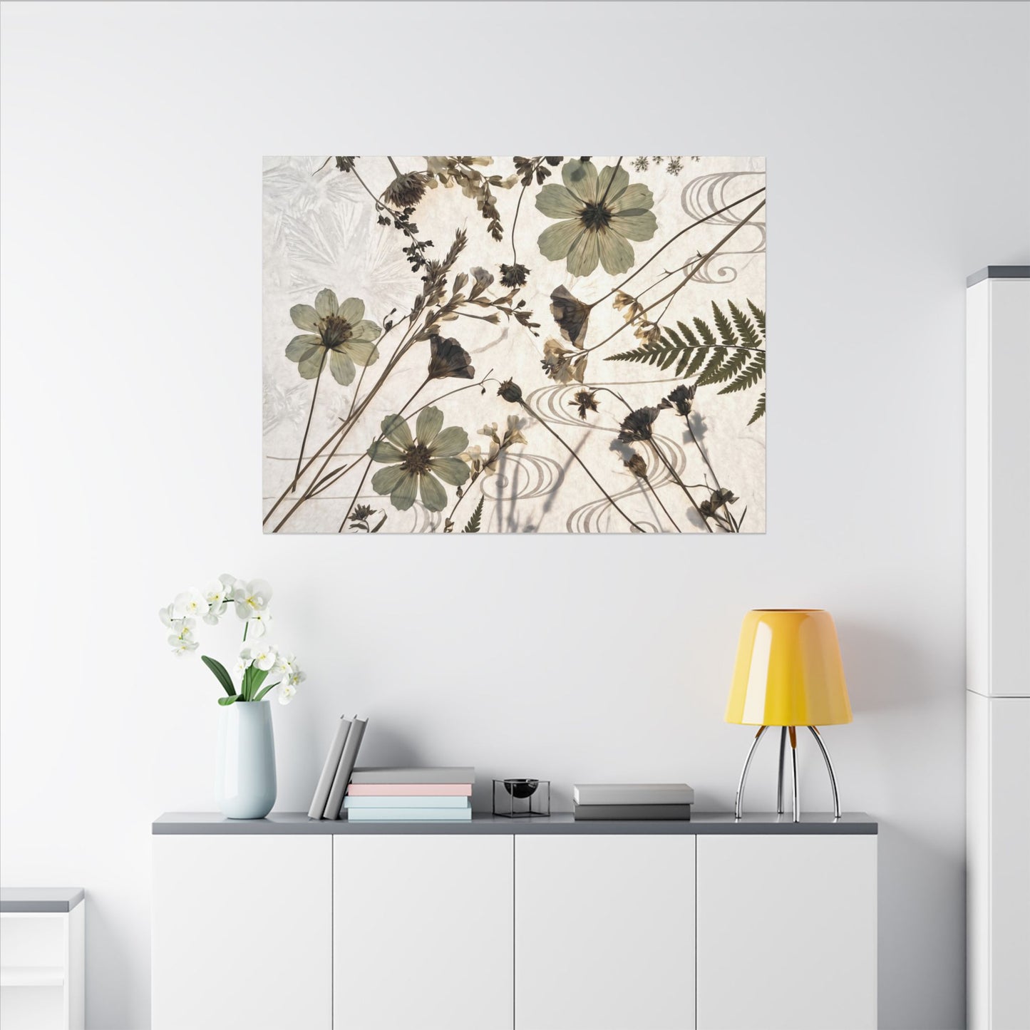 Japandi Dried Flowers in Golden Hour | Japanese Pattern Canvas Art